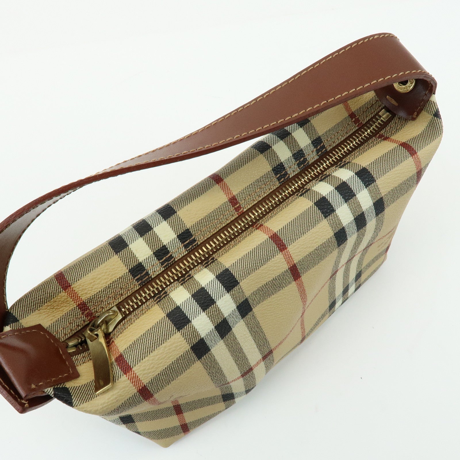 BURBERRY Nova Plaid PVC Leather Hand Bag Pouch Beige