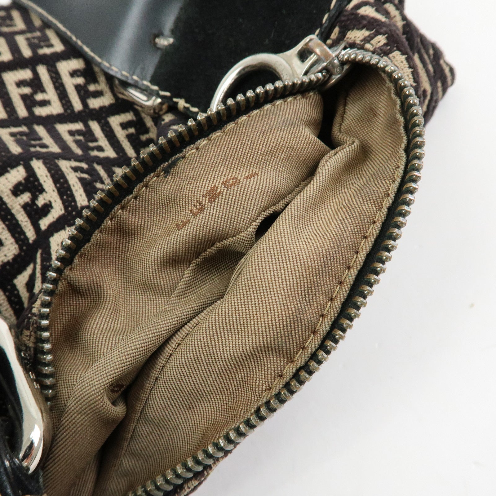 FENDI Zucchino Canvas Leather Shoulder Bag Hand Bag Black Beige
