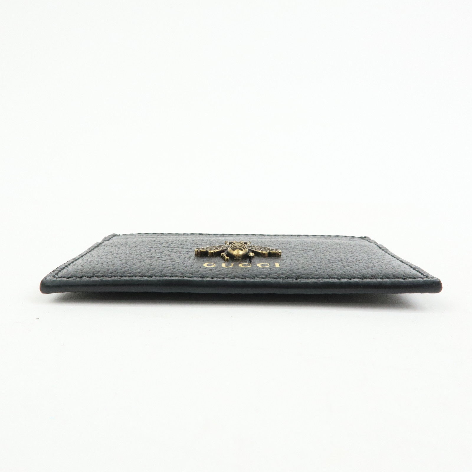 GUCCI Animalier Leather Card Case Card Holder Bee Motif Black 523685