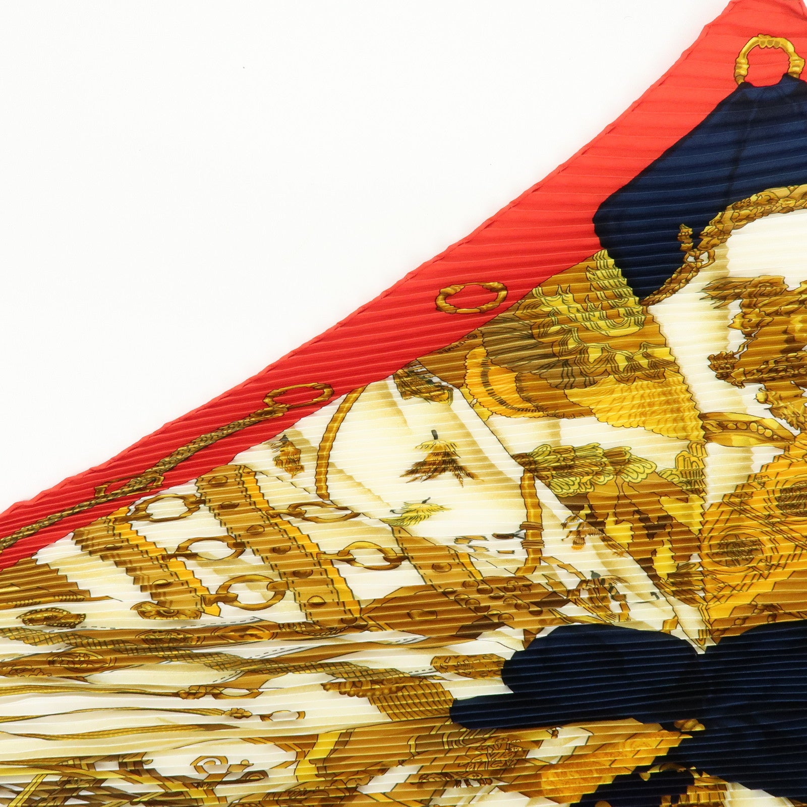 HERMES Pleated Carre Silk 100% Scarf SOLEIL DE SOIE Gold Red Navy