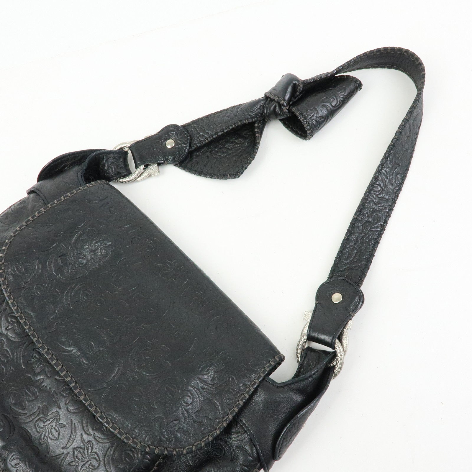 Ferragamo Gancini Embossed Flower Leather Shoulder Bag Black