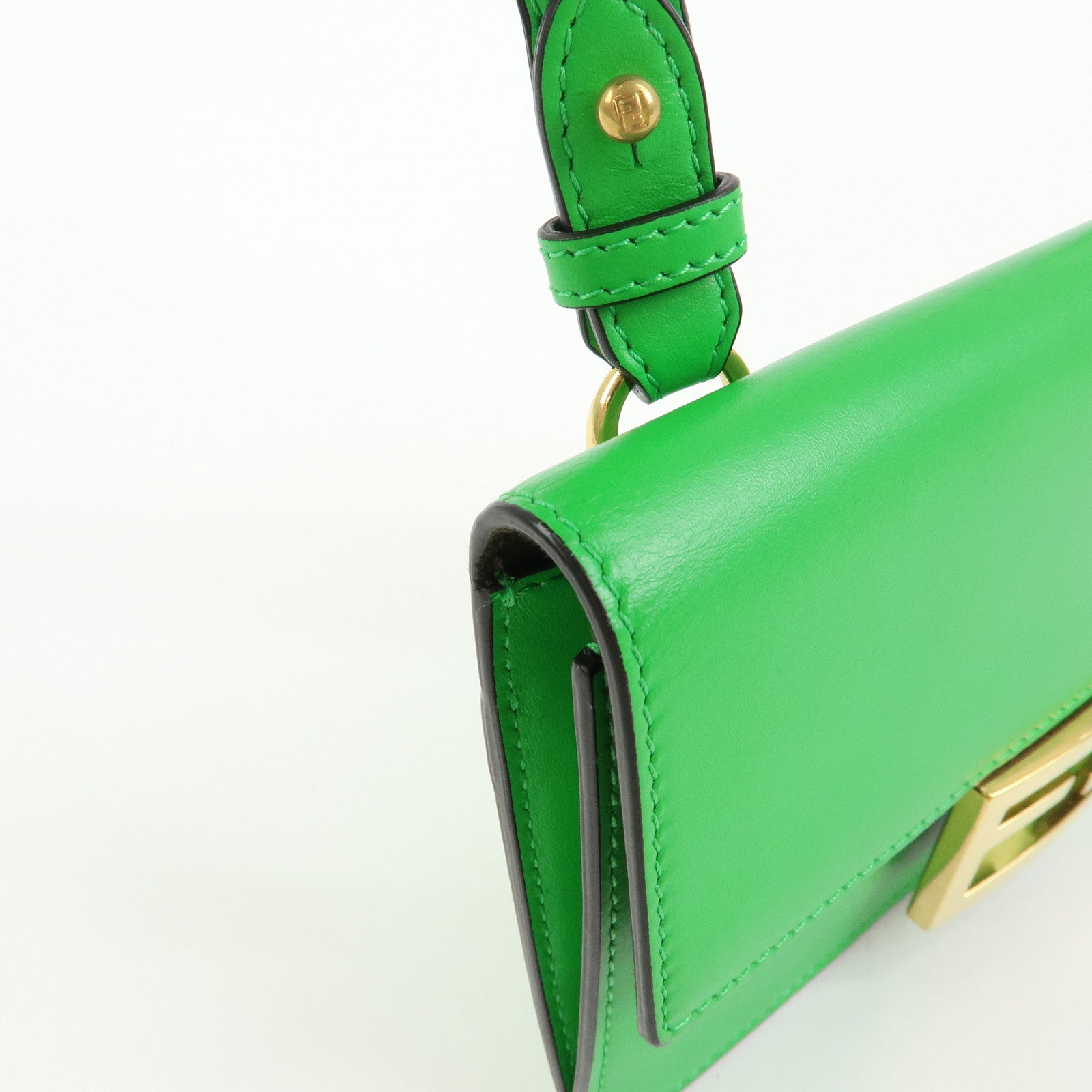 Fendi Flat Baguette Leather Shoulder Bag Green Brown 8BS039