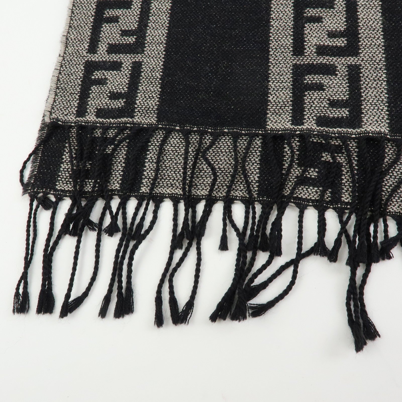 FENDI Zucca Wool 100% Striped Scarf Stole Black Gray