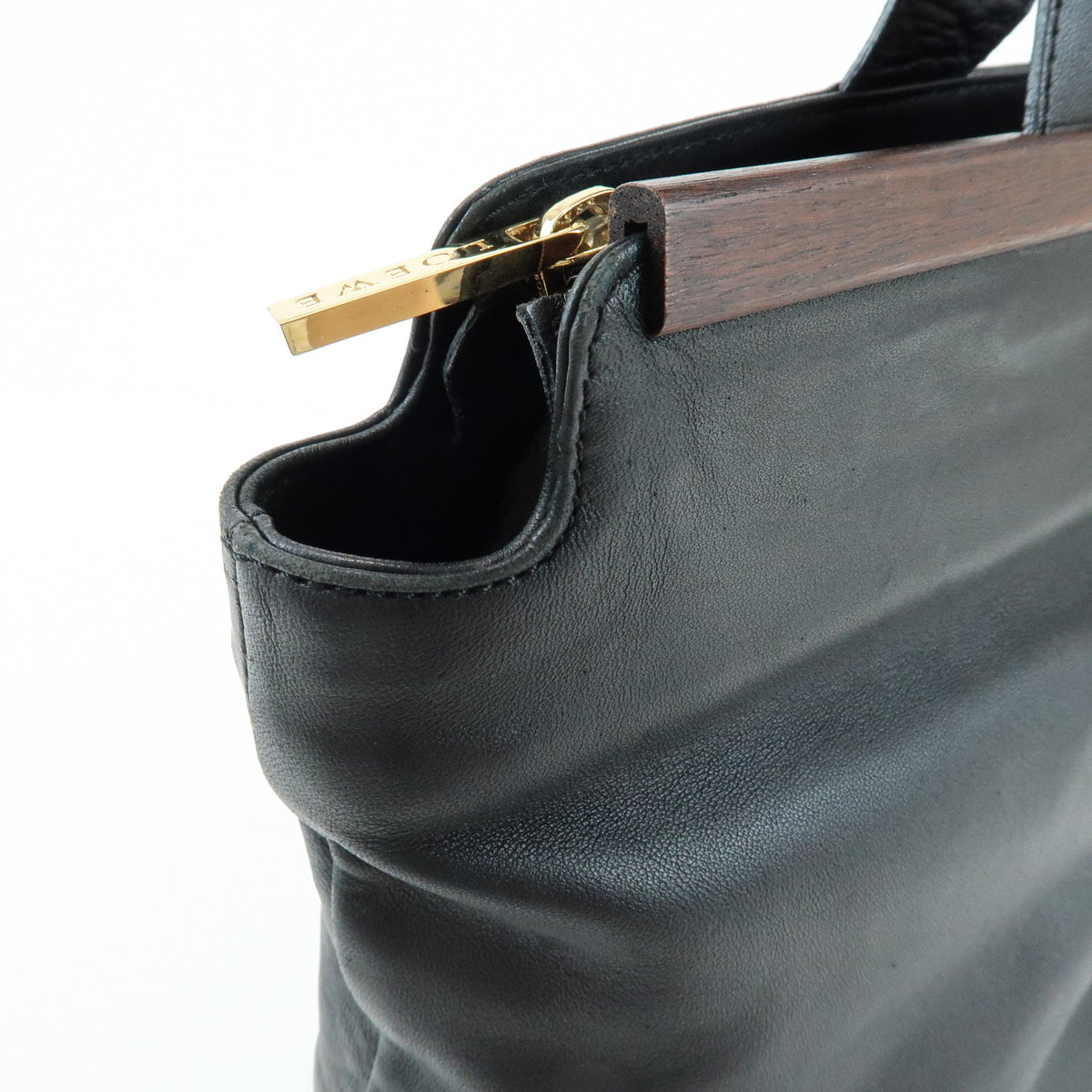 LOEWE Nappa Leather Wood Hand Bag Tote Bag Black Brown