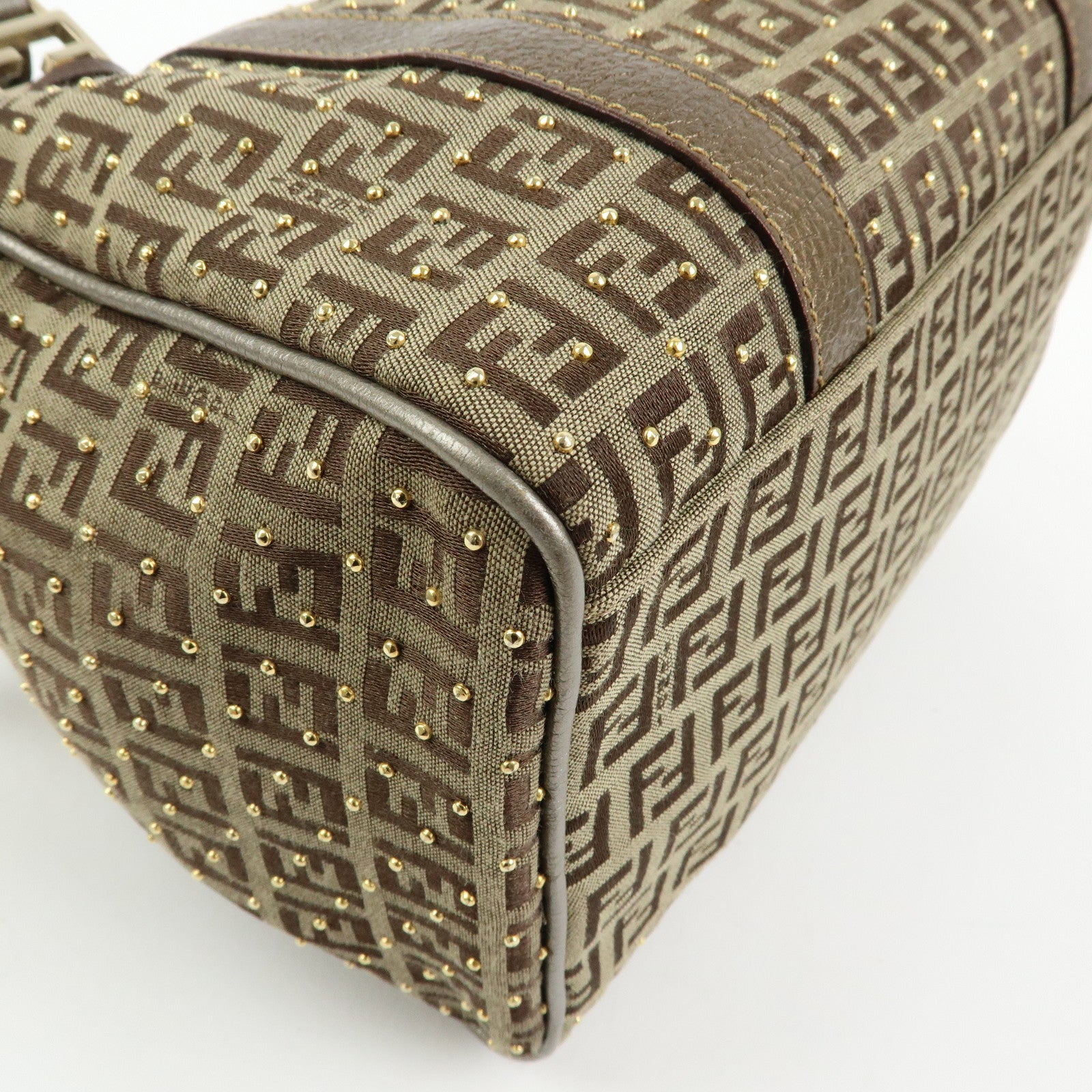 FENDI Zucchino Canvas Leather Boston Bag Hand Bag Beige Gold 8BL068