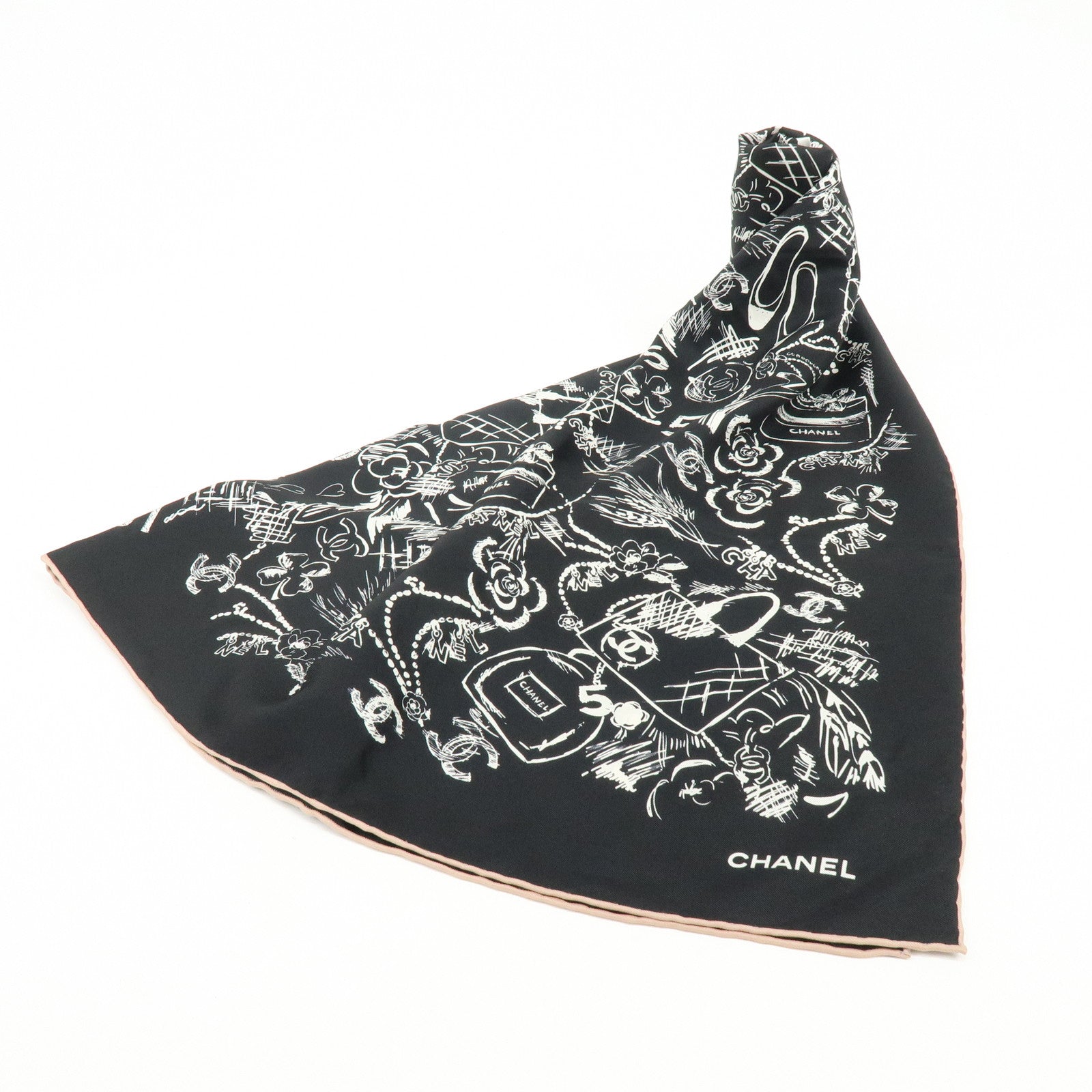 CHANEL Silk 100% Scarf Iconographic Pattern Black White Pink