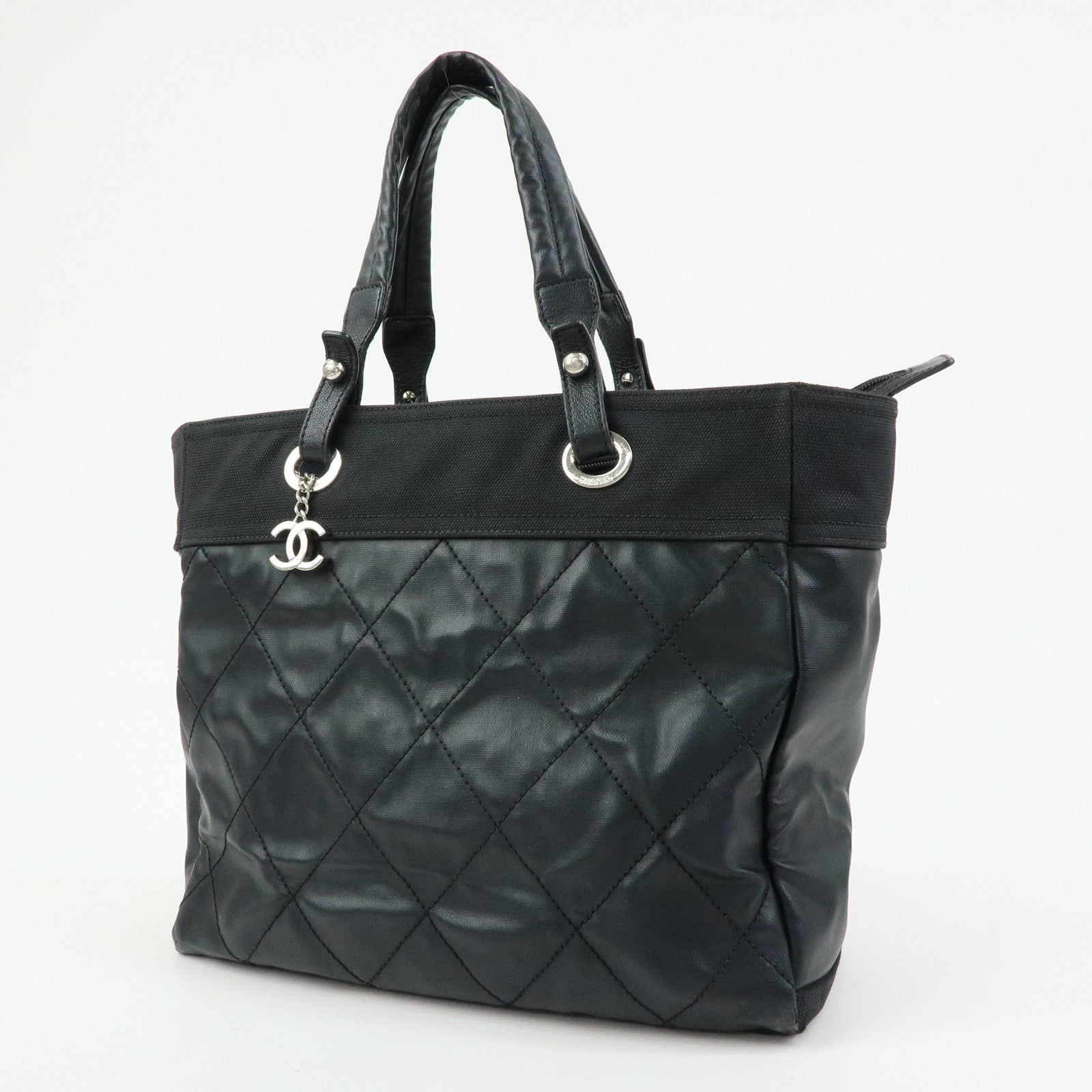 CHANEL PVC Leather Paris Biarritz Tote Bag Hand Bag MM Black A34209