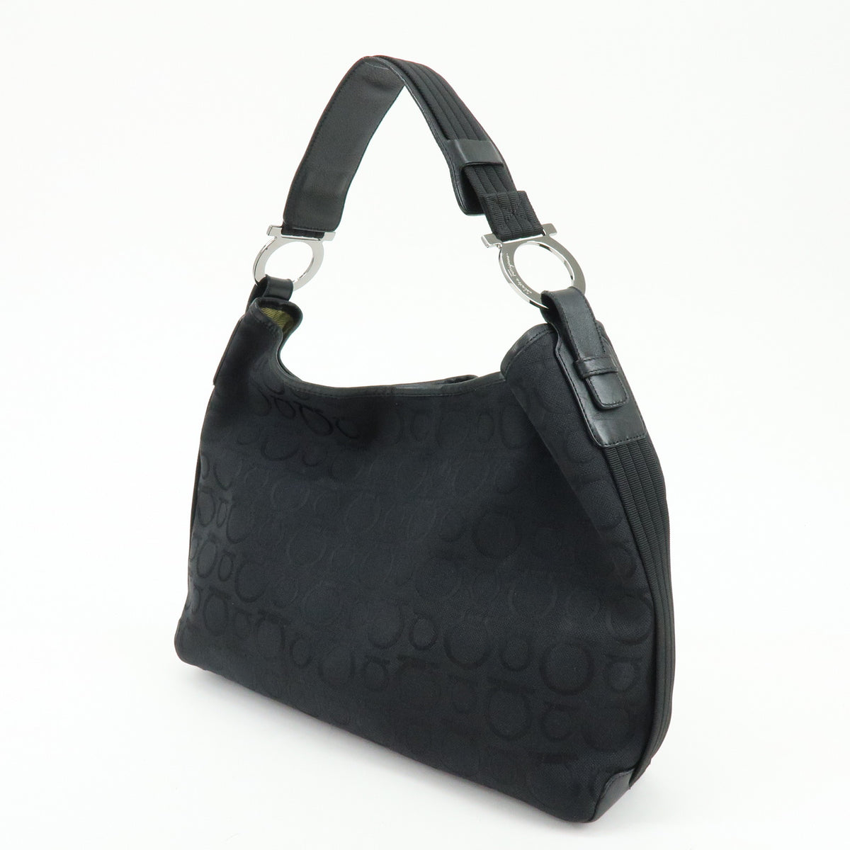 Ferragamo Gancini Canvas Leather Shoulder Bag Hand Bag Black