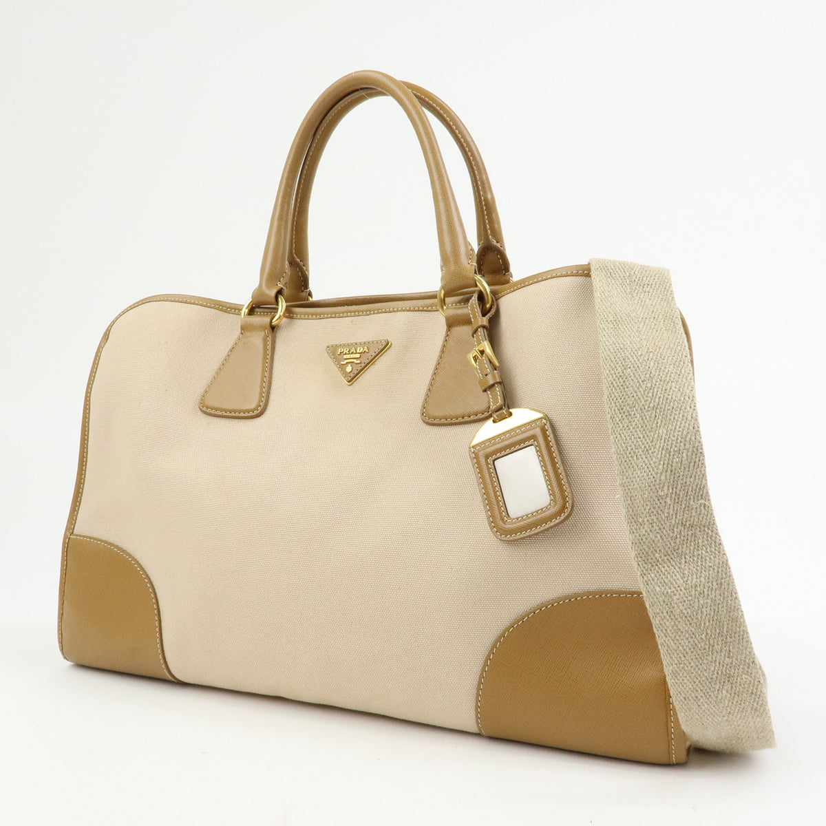 PRADA Triangle Logo Canapa City Canvas Saffiano Leather 2Way Bag Beige