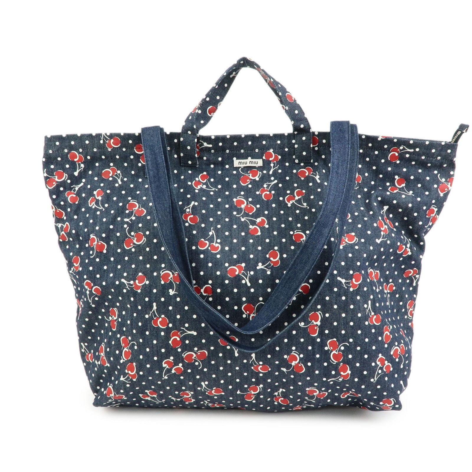 MIU MIU Denim 2Way Bag Tote Shoulder Bag Dots Cherry Print Blue 5BG108