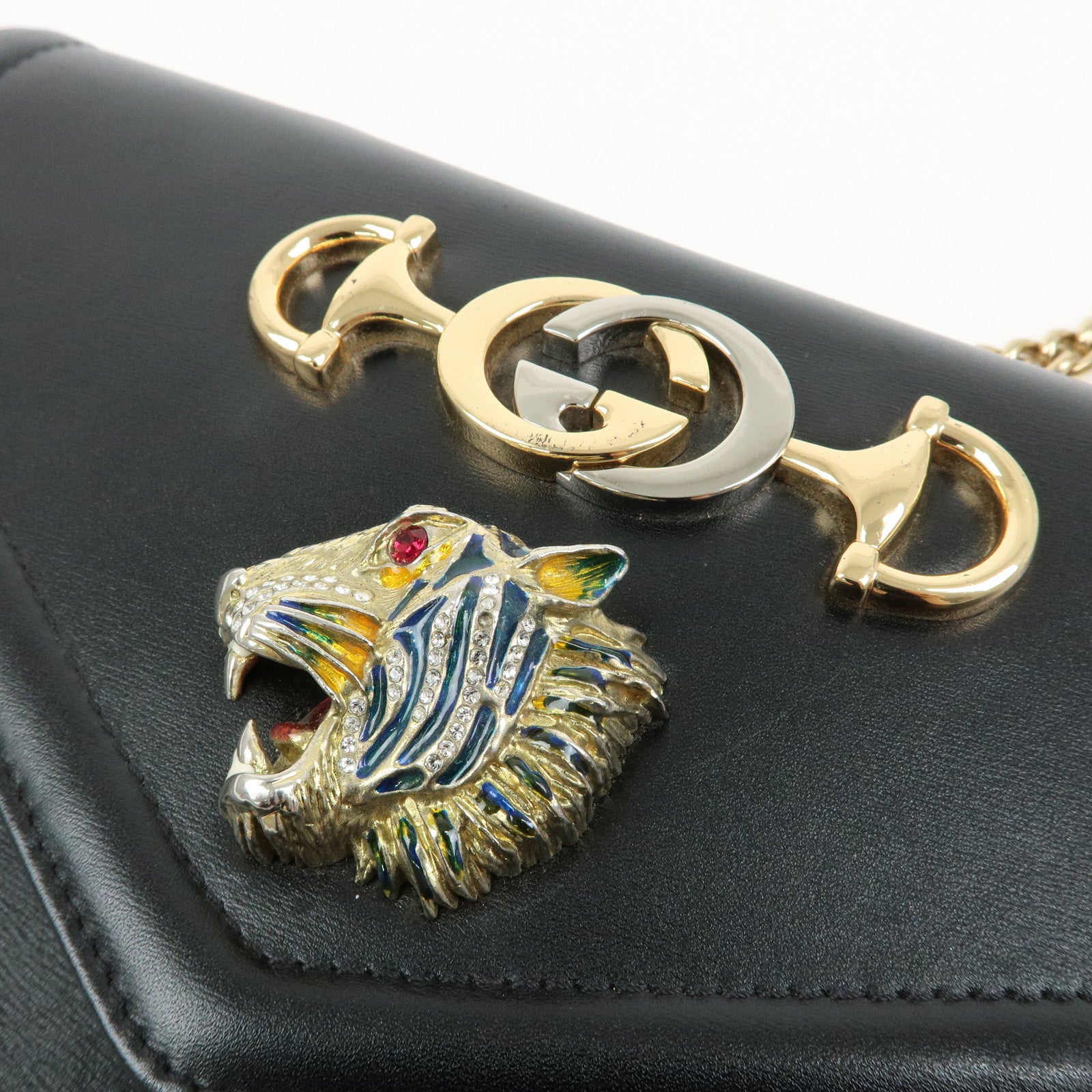 GUCCI Rajah Tiger Head Leather Chain Shoulder Bag Black 537241