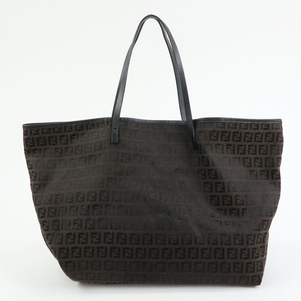 FENDI Zucchino Canvas Leather Tote Bag Black Brown