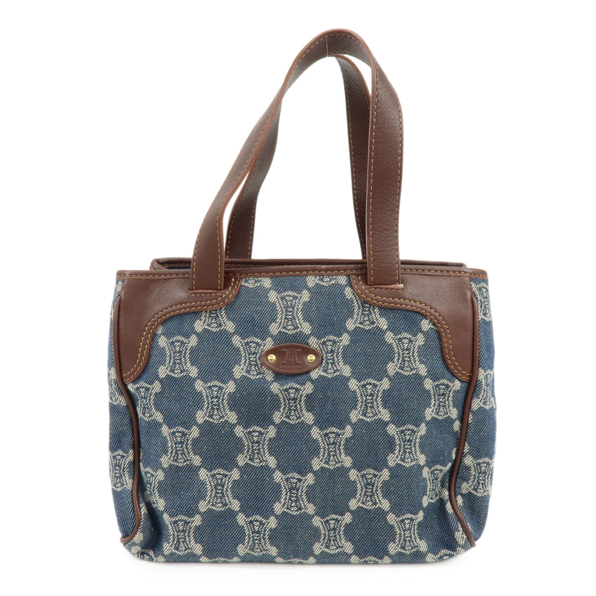 CELINE Paris Macadam Denim Leather Mini Tote Hand Bag Navy Brown