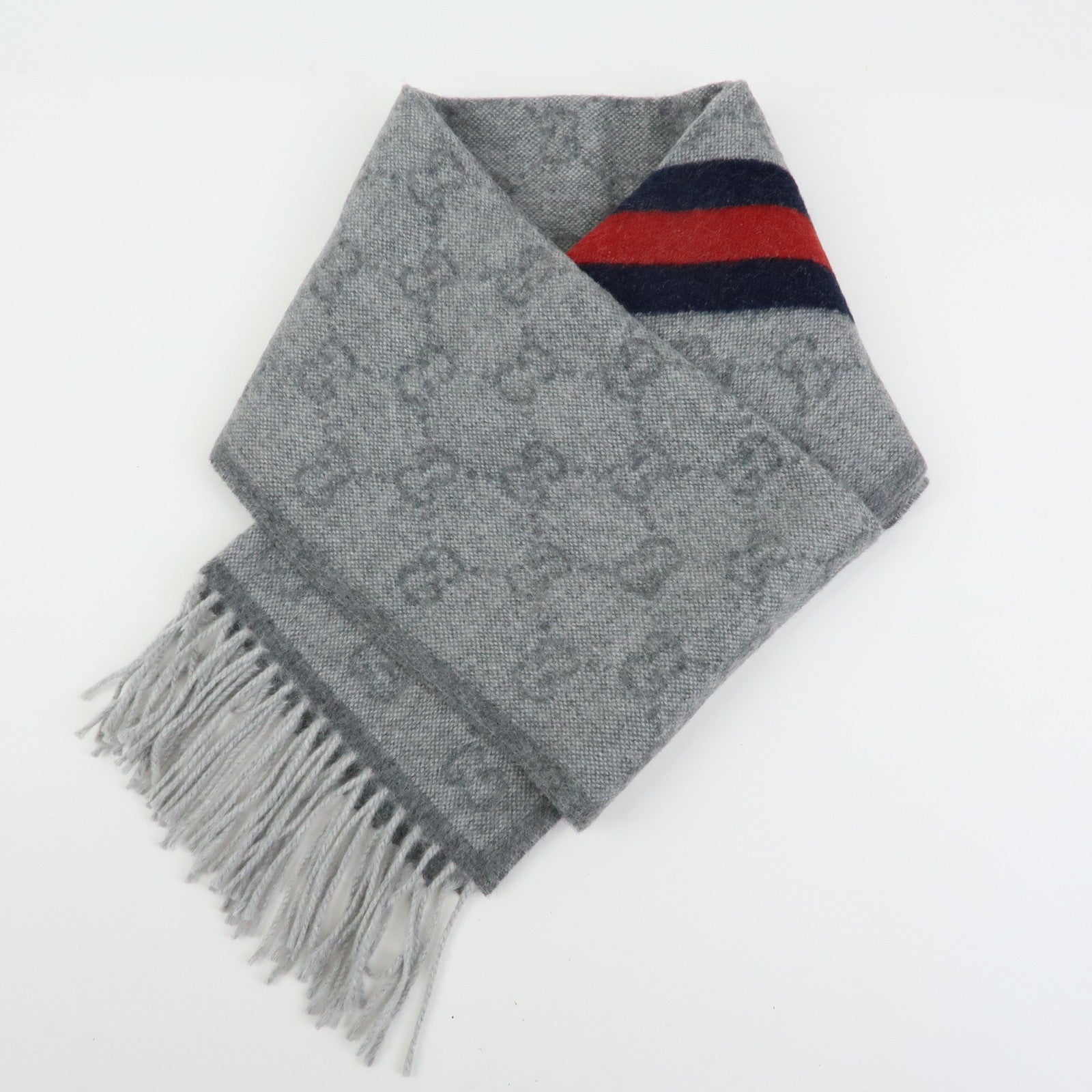 GUCCI Sherry Wool Alpaca Scarf Stole Gray Navy Red