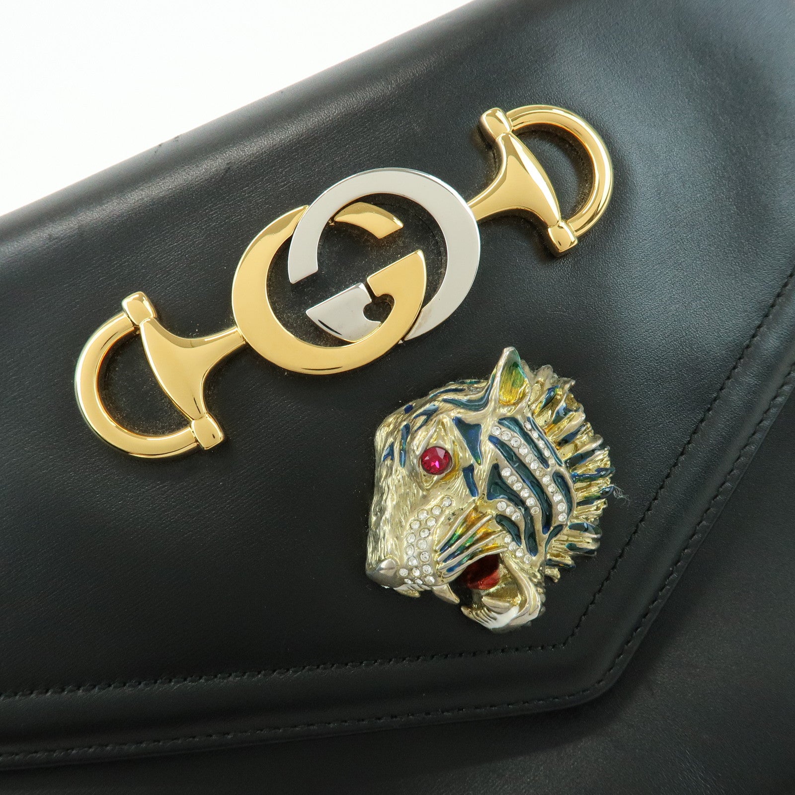 GUCCI Raja Calf Leather Rhinestone Chain Shoulder Bag Black 537241