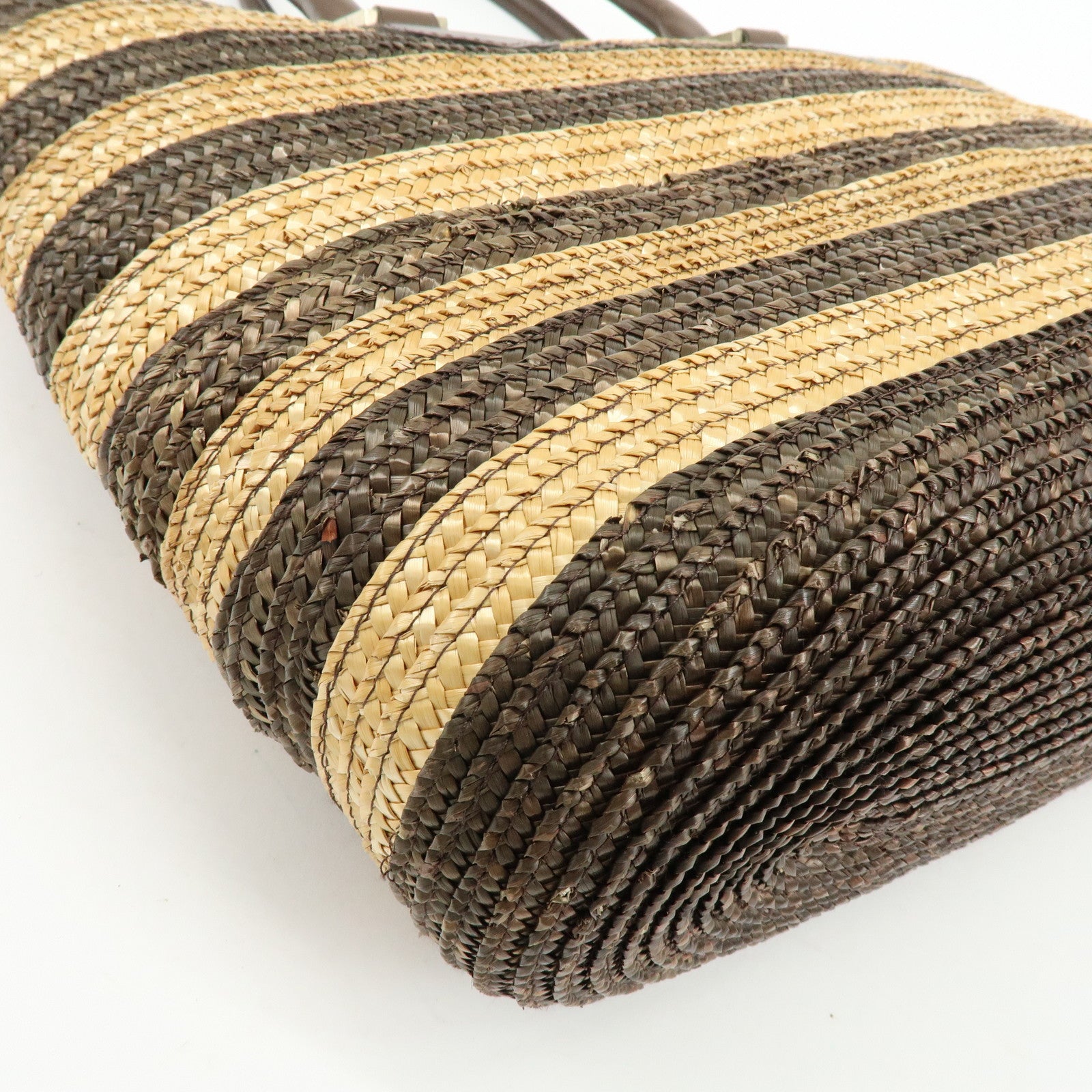 FENDI Pequin Raffia Leather Tote Bag Shoulder Bag Brown Natural