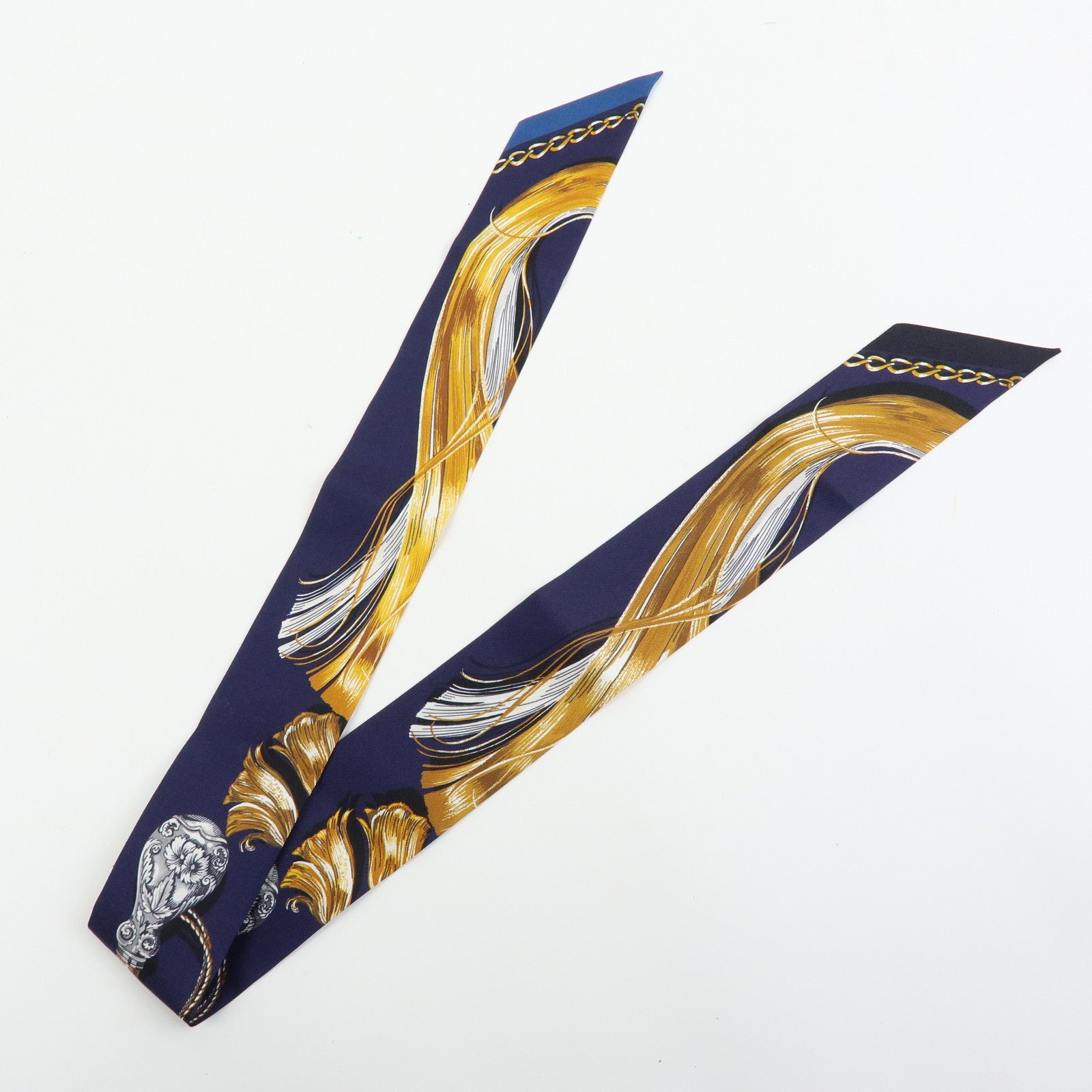 HERMES Twilly Silk 100% Scarf Cavalcades Dressage Whip Print Navy
