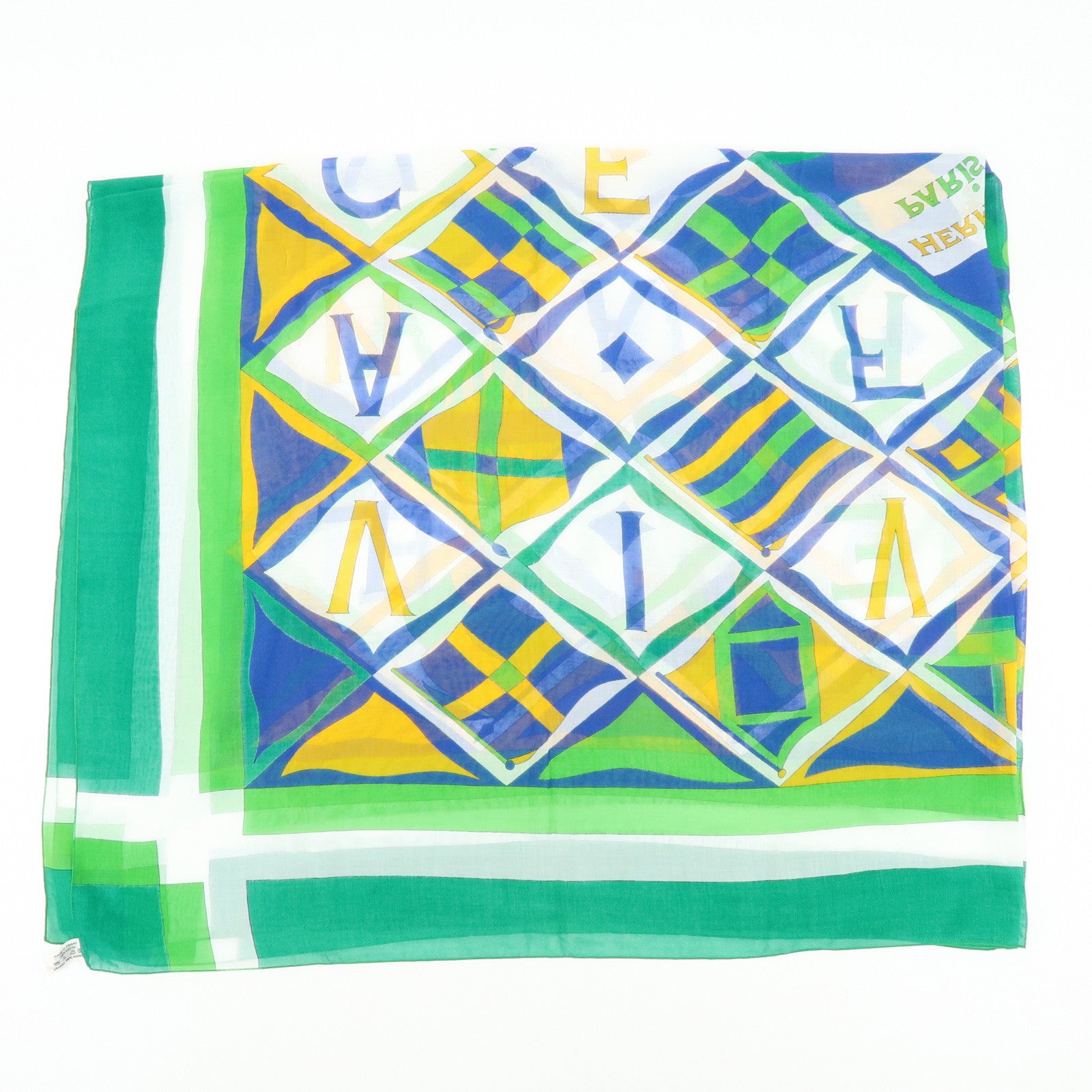 HERMES Vive La France Cotton 100％ Scarf Pareo Green Blue Yellow