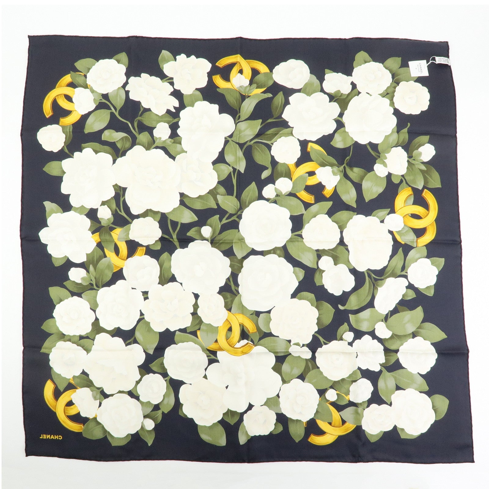 CHANEL COCO Mark Silk 100% Scarf Camellia Flower Black White Gold