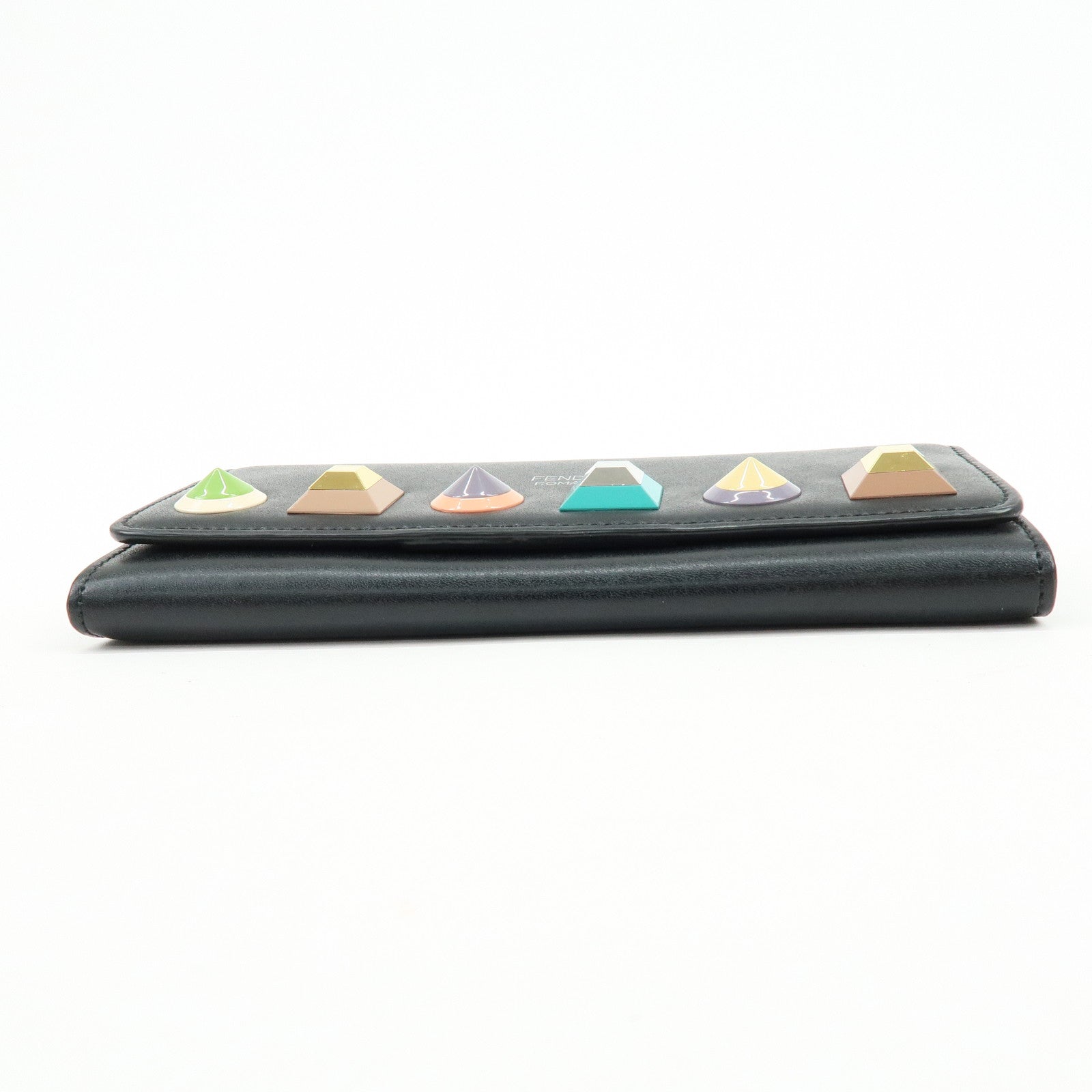 FENDI Leather Studs Chain Shoulder Wallet Long Wallet Black 8M0365