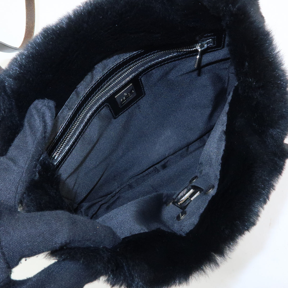 FENDI FF Logo Lapin Rabbit Fur Leather Shoulder Tote Bag Black 16001