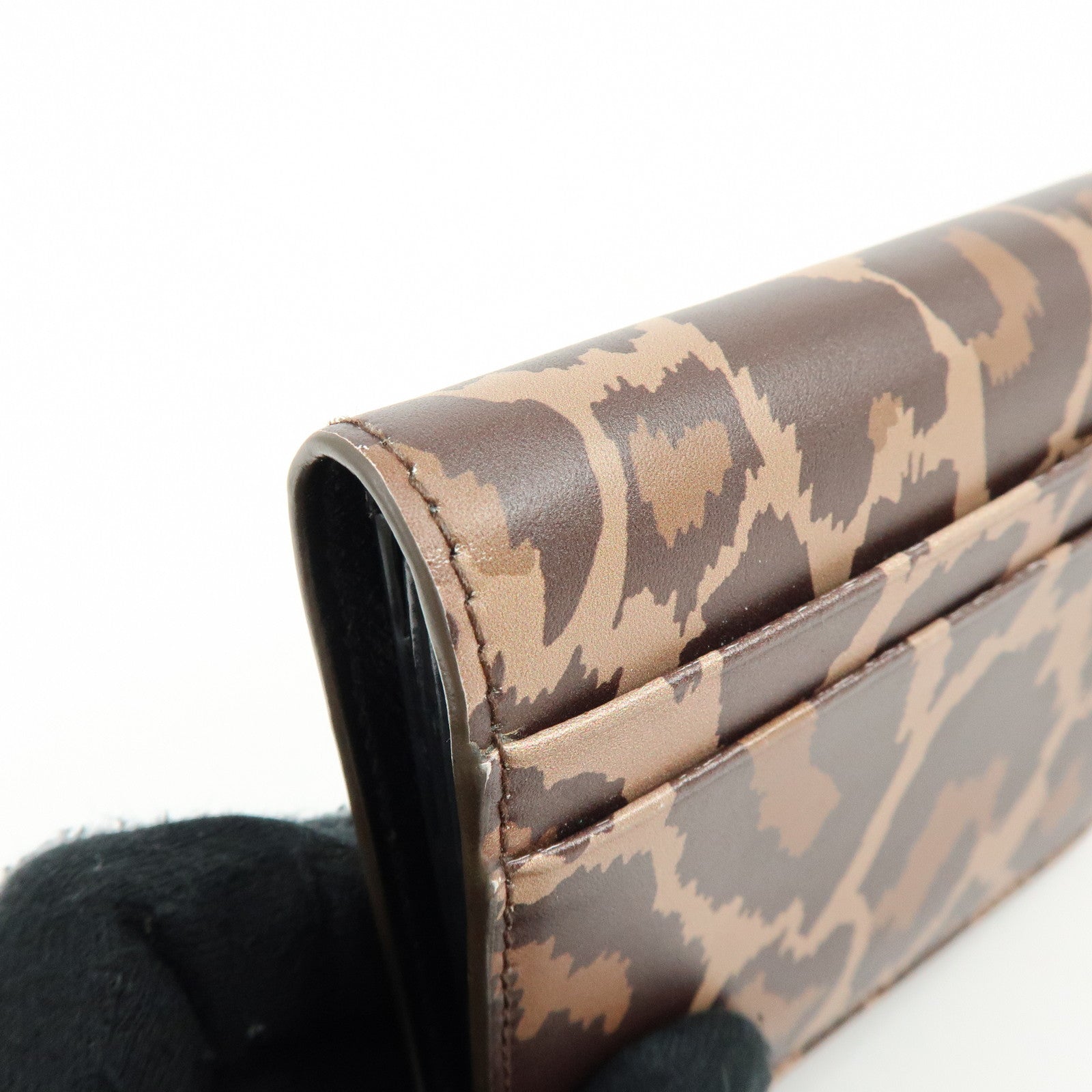 Balenciaga Leather Bi-Fold Compact Wallet Leopard Motif Brown