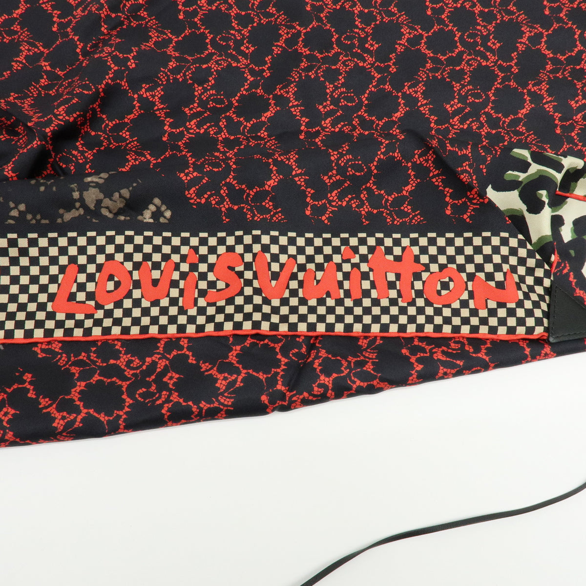 Louis Vuitton Silk 100% Calf Skin Scarf Bandana Tassel Black Red