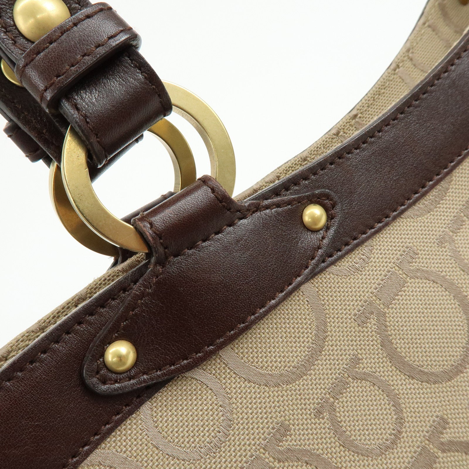 Ferragamo Gancini Canvas Leather Tote Bag Hand Bag Beige Brown