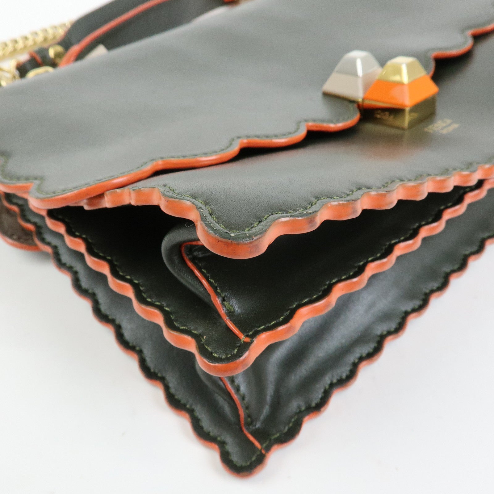 FENDI KAN I Leather 2Way Bag Chain Shoulder Bag Green Orange 8BT283