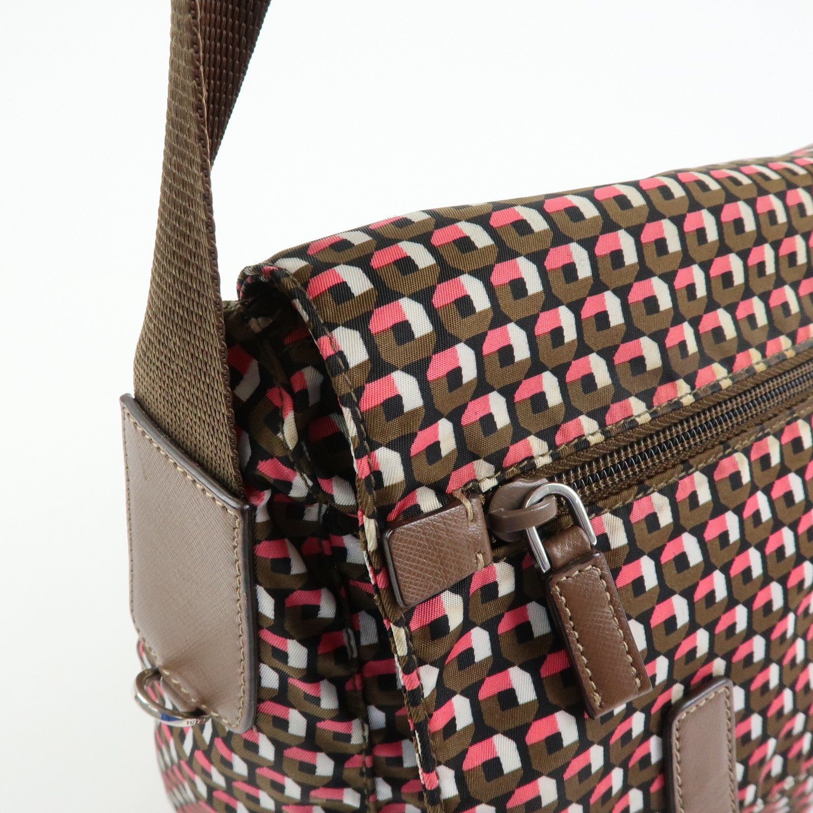 PRADA Triangle Logo Nylon Leather Shoulder Crossbody Bag Brown Pink