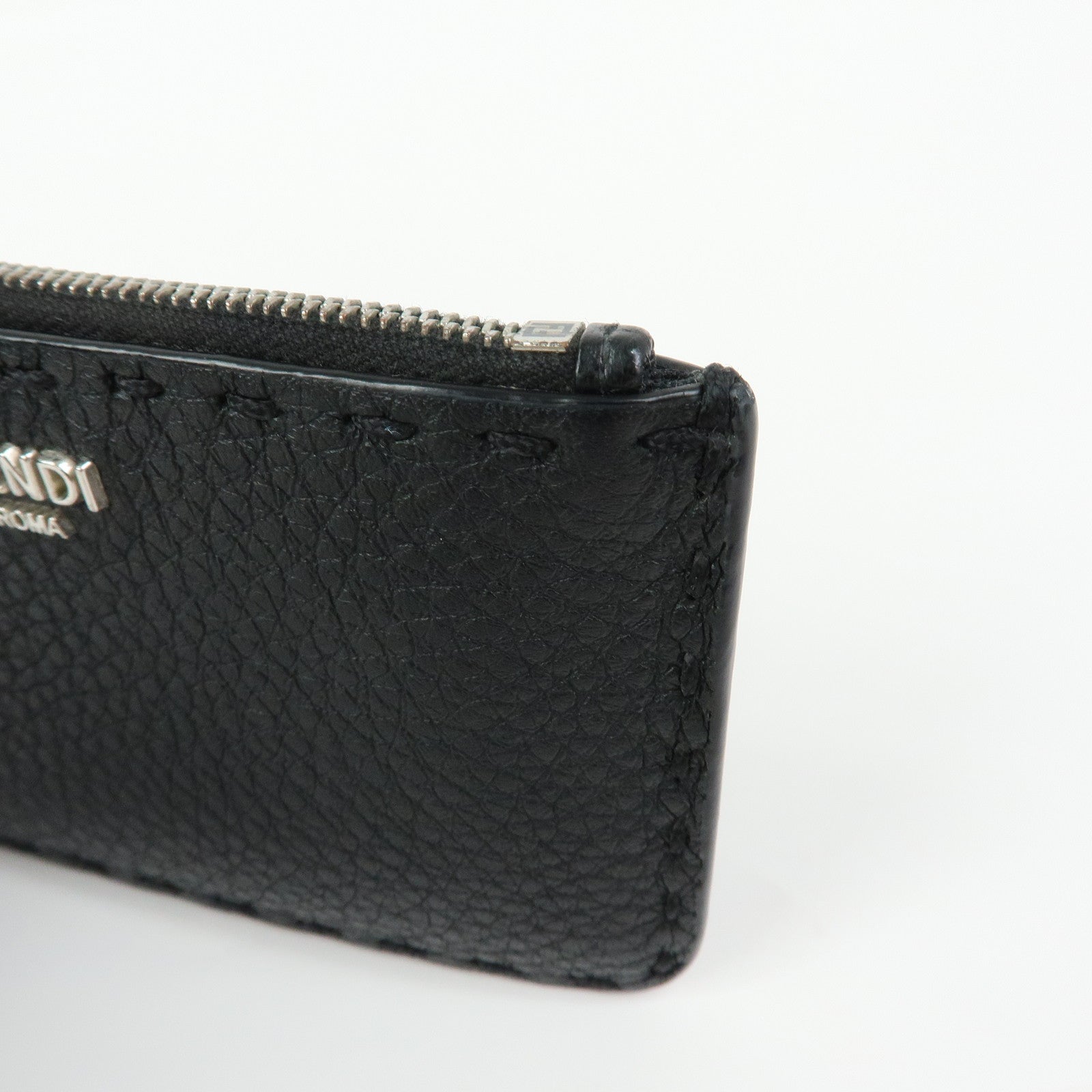 FENDI Selleria Calf Leather Card Case Coin Case Black 7M0343