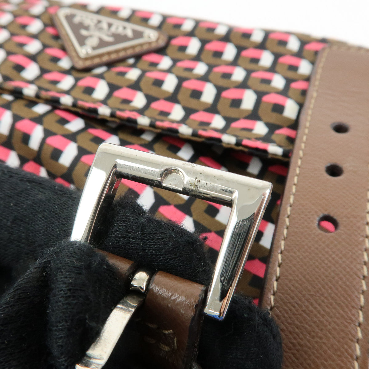 PRADA Triangle Logo Nylon Leather Shoulder Crossbody Bag Brown Pink