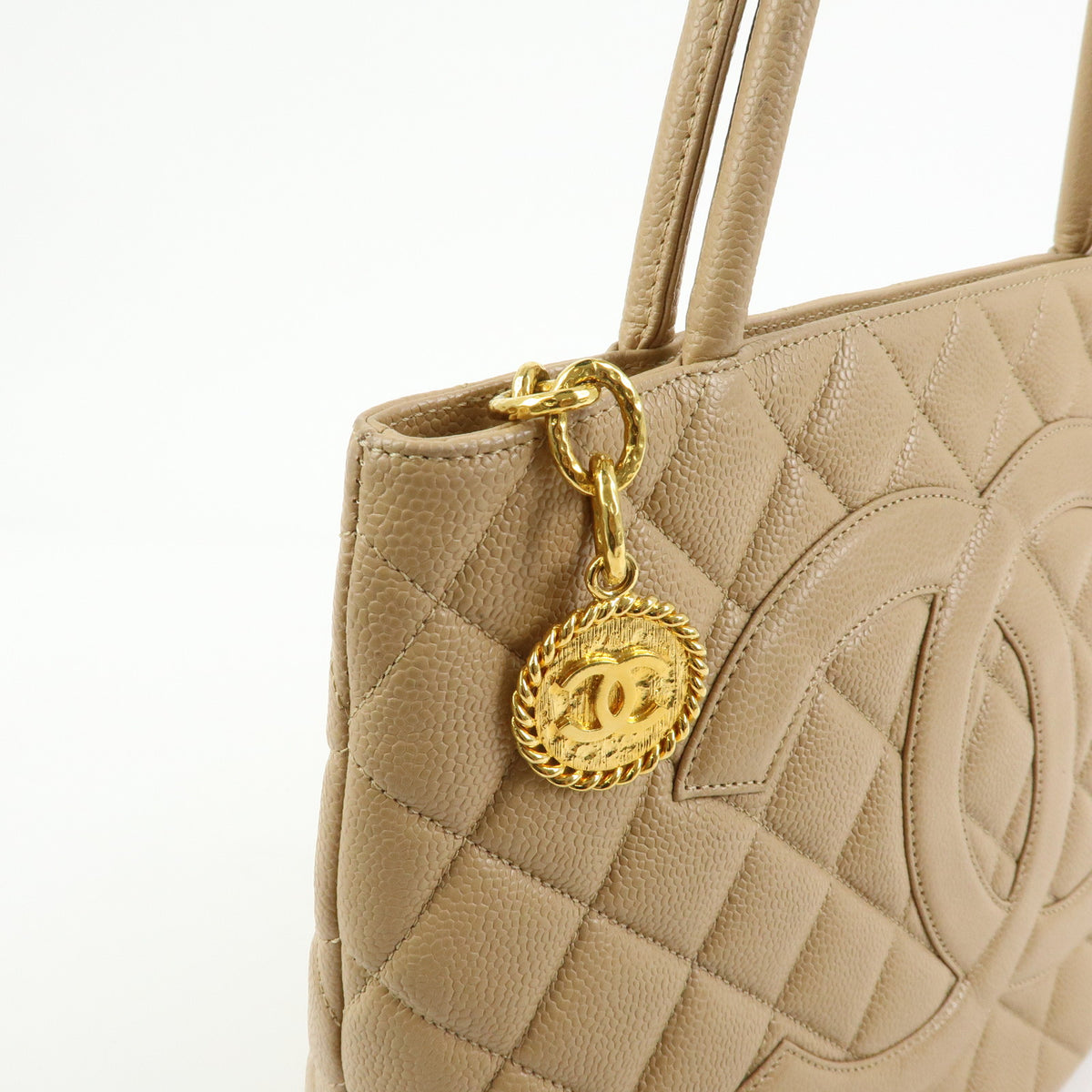 CHANEL Medallion Matelasse COCO Mark Caviarskin Tote Bag Beige A01804