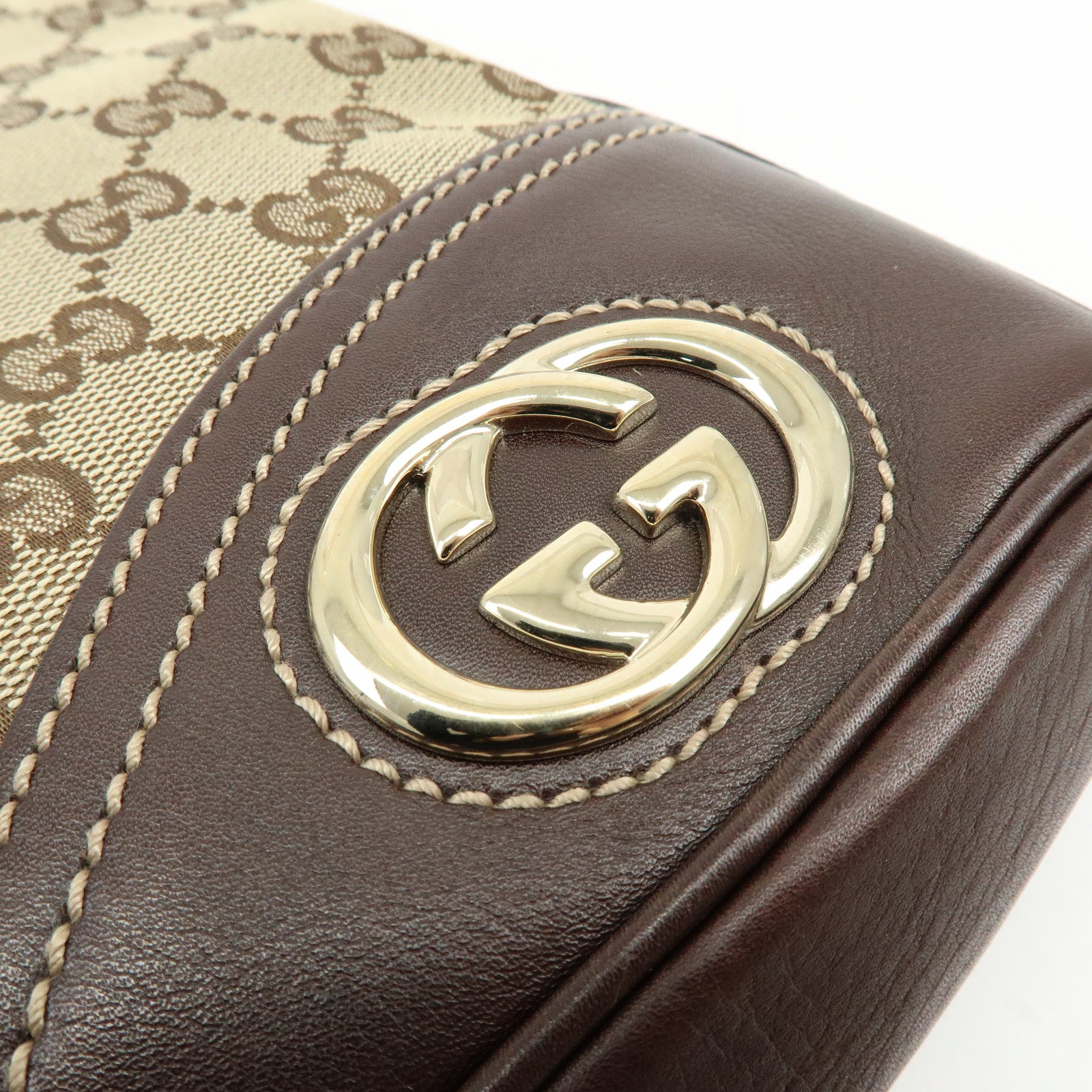 GUCCI Interlocking G Canvas Leather Shoulder Bag Hand Bag Beige Brown