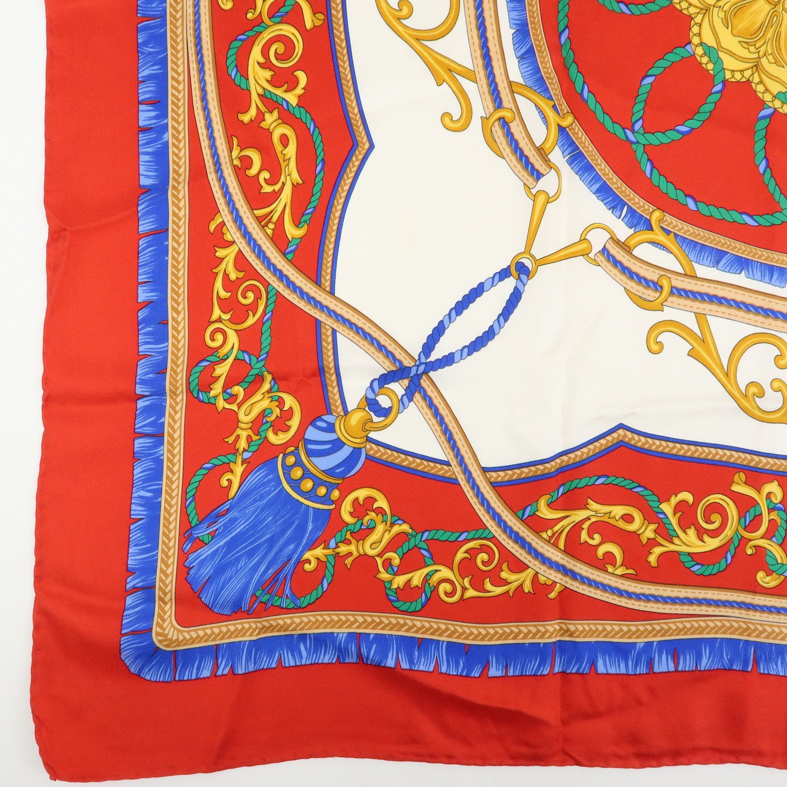 CELINE Silk100% Tassel Chain Print Scarf Shawl Blue Red Yellow