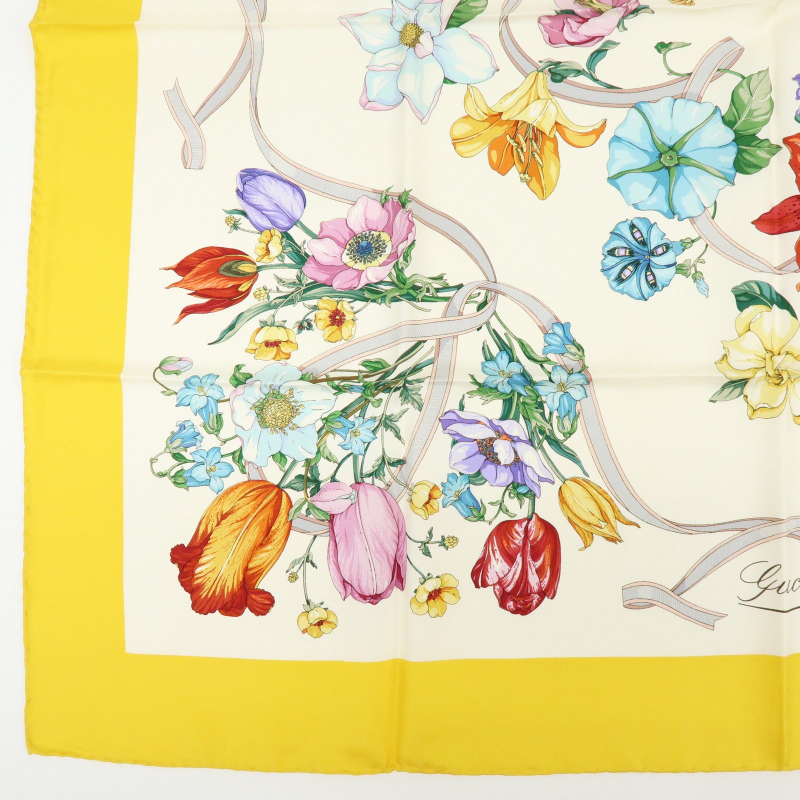 GUCCI Flora Silk 100% Scarf Shawl White Yellow Blue Orange Purple
