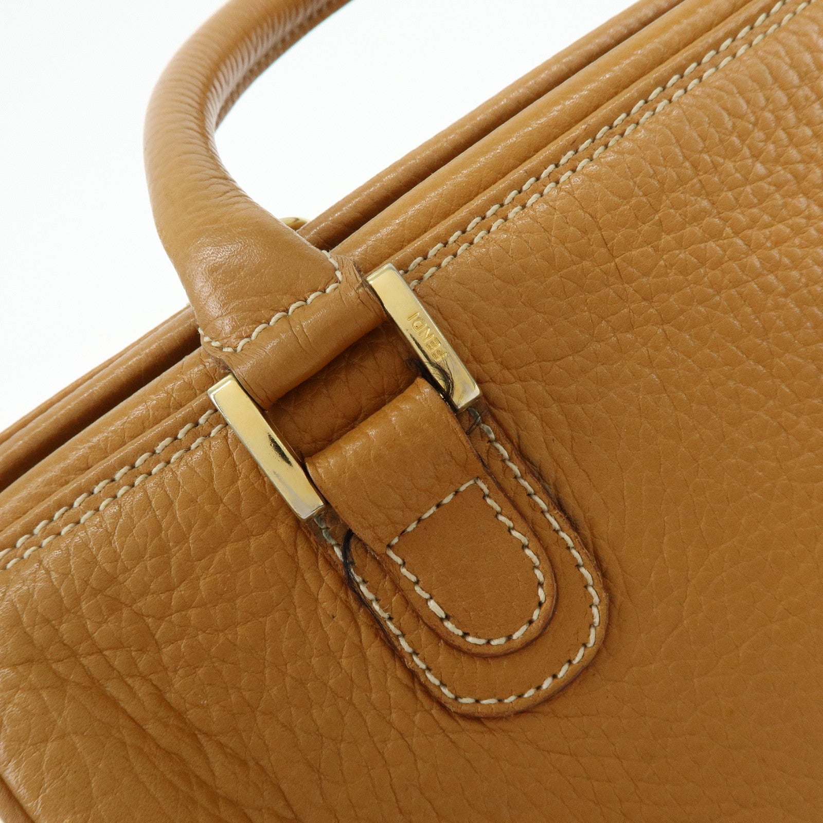 FENDI FF Logo Leather 2Way Bag Hand Bag Boston Bag Camel