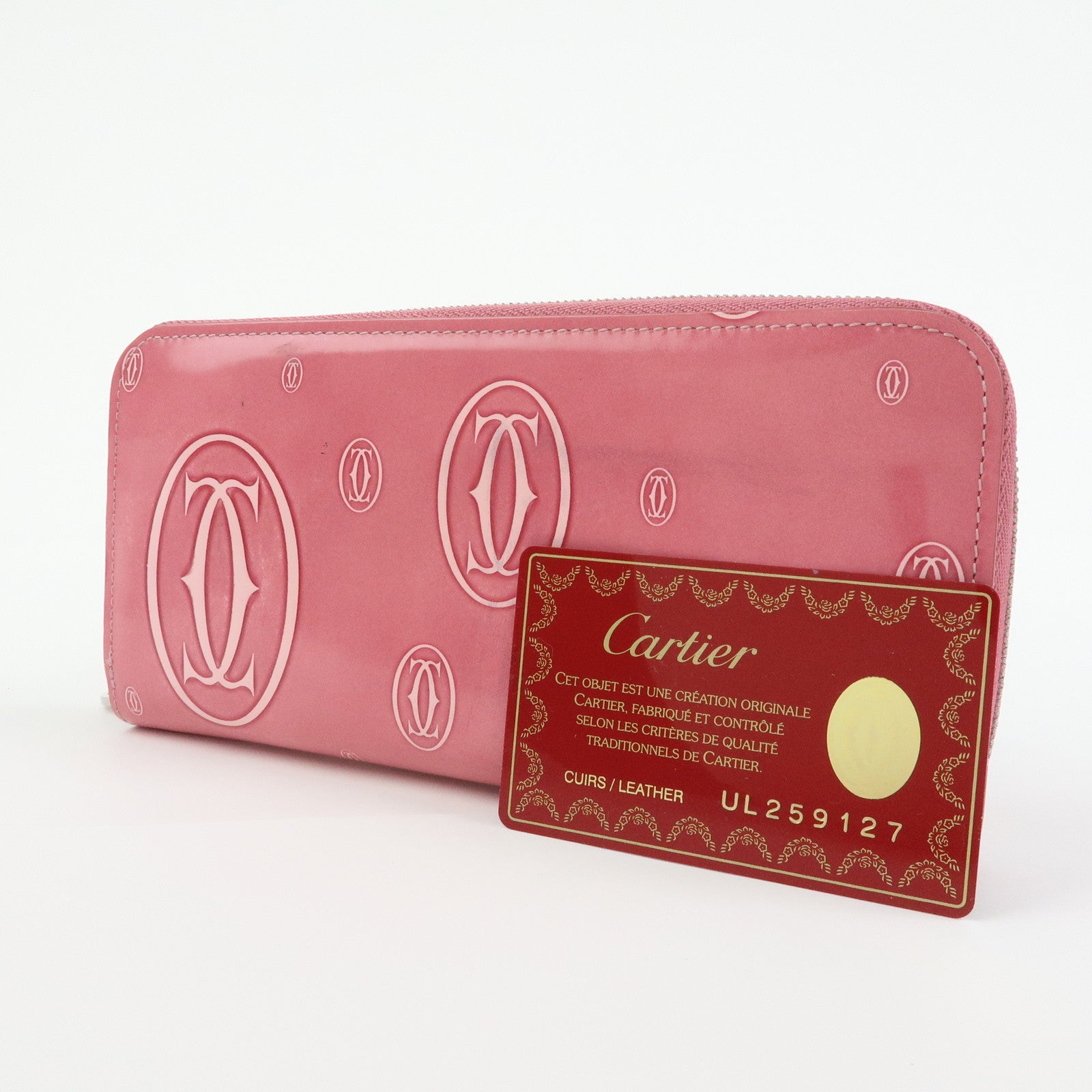 Cartier Happy Birthday Patent Leather Round Zippy Long Wallet Pink
