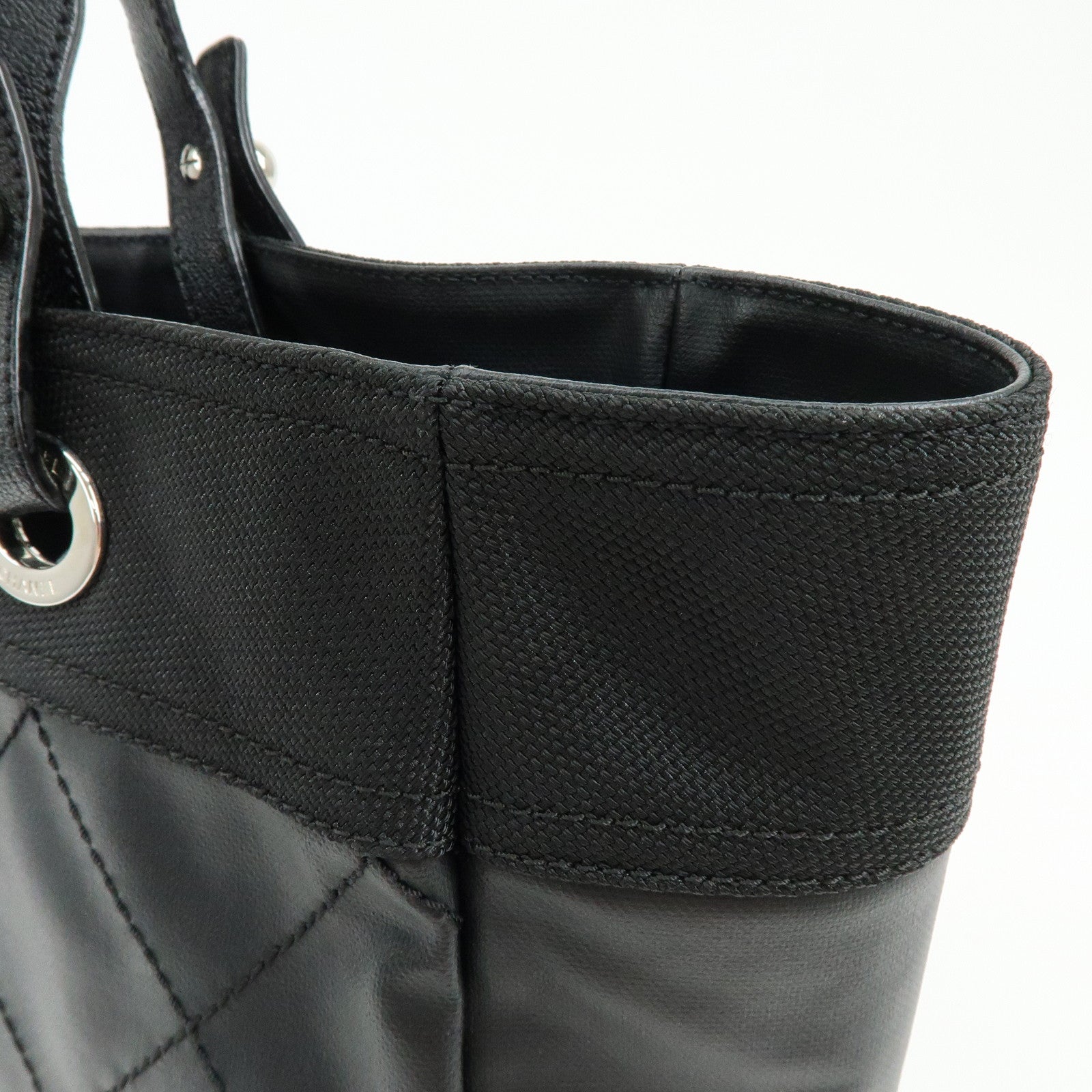 CHANEL Paris Biarritz COCO Mark Leather Canvas Tote Bag Black A34209