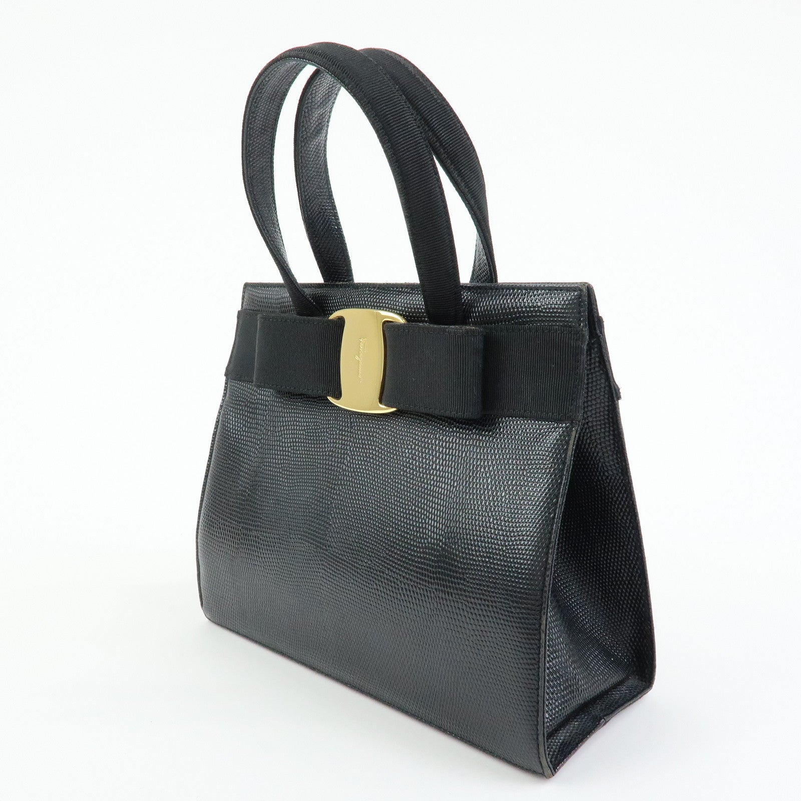 Ferragamo Vara Ribbon Embossed Leather Canvas 2Way Hand Bag Black