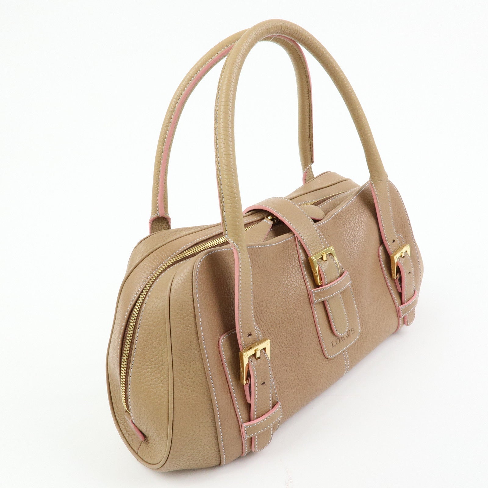 LOEWE Senda Stitches Leather Hand Bag Boston Bag Beige