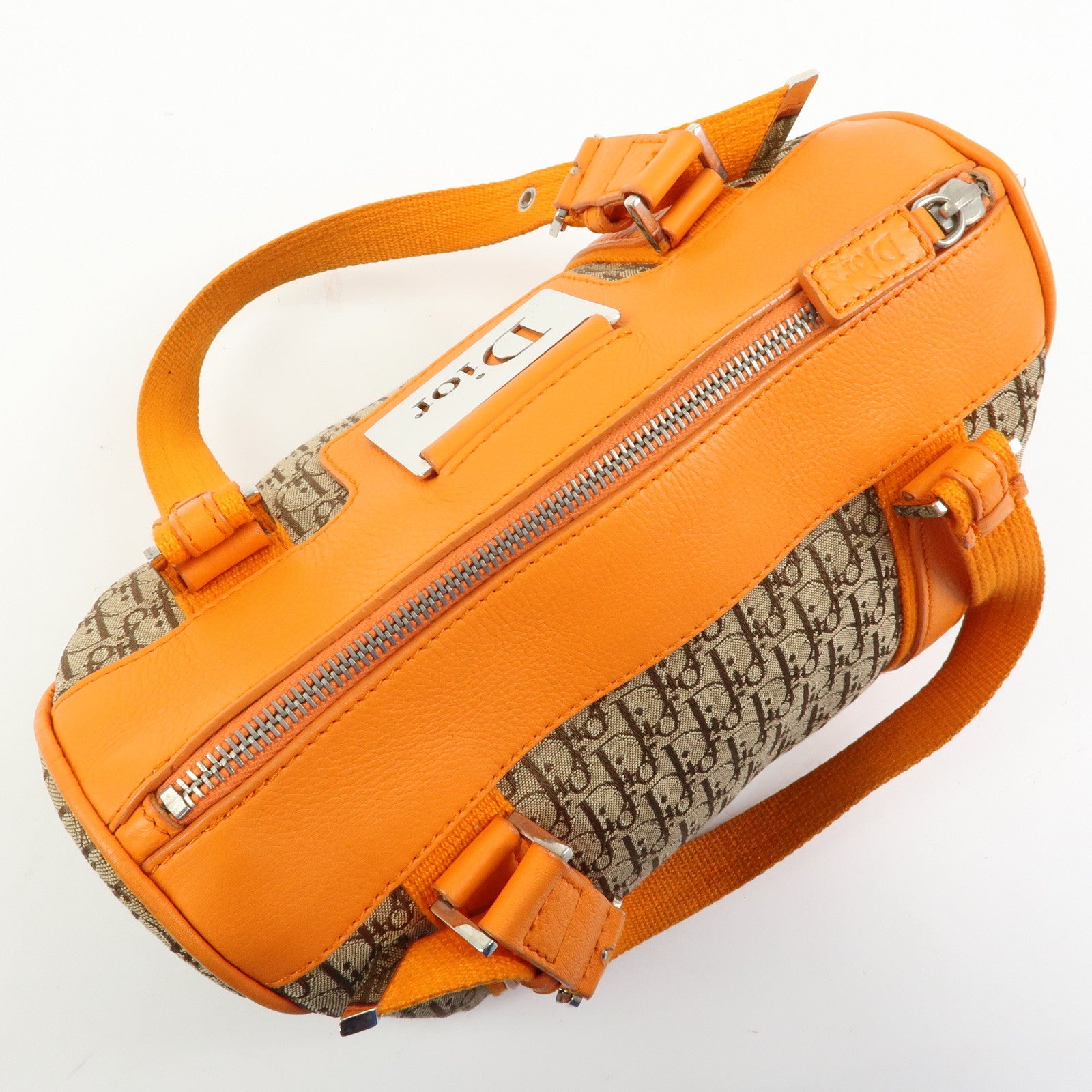 Christian Dior Trotter Jacquard Canvas Leather Hand Bag Beige Orange
