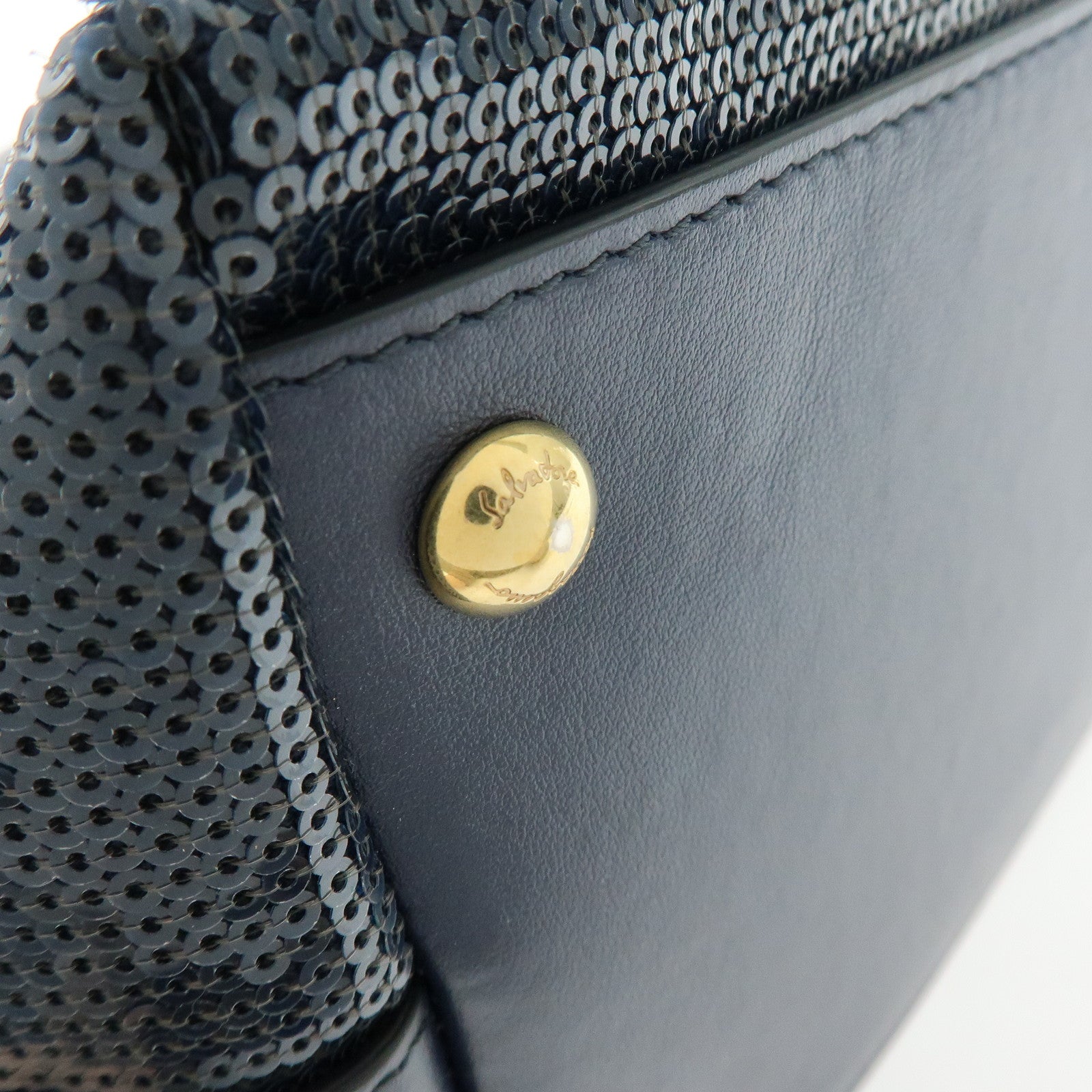 Ferragamo Gancini Sequin Leather Tote Bag Hand Bag Navy