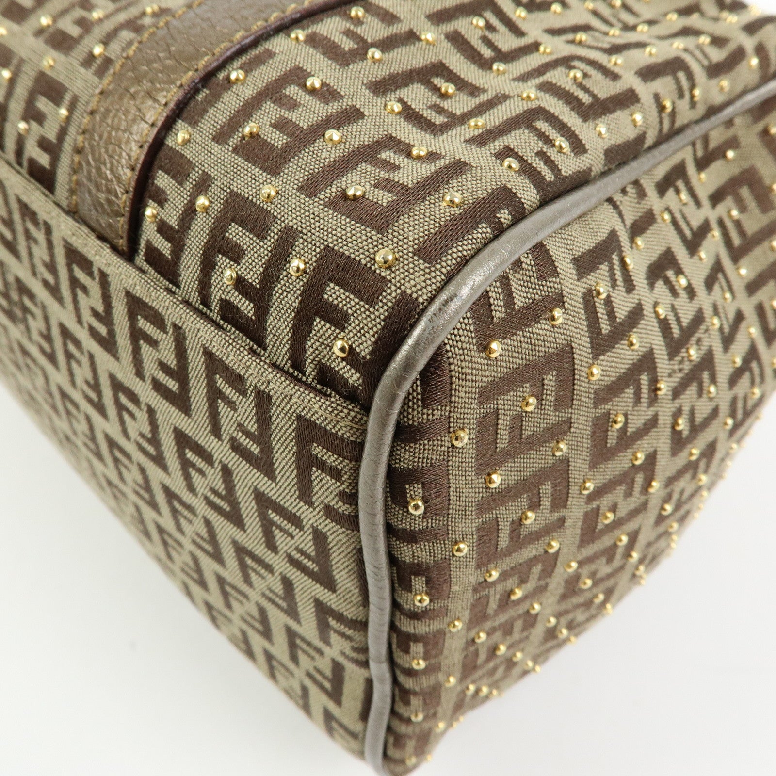 FENDI Zucchino Canvas Leather Boston Bag Hand Bag Beige Gold 8BL068