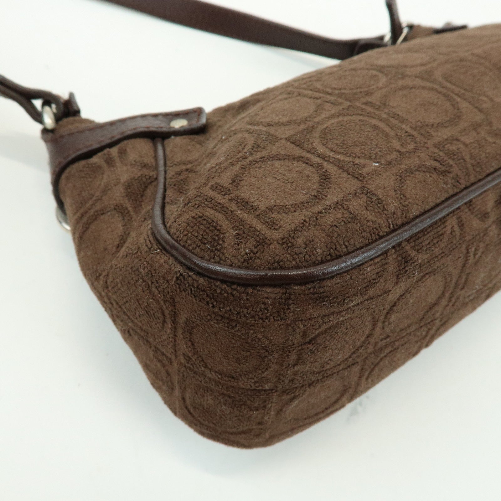 Ferragamo Gancini Pile Leather Shoulder Bag Hand Bag Dark Brown