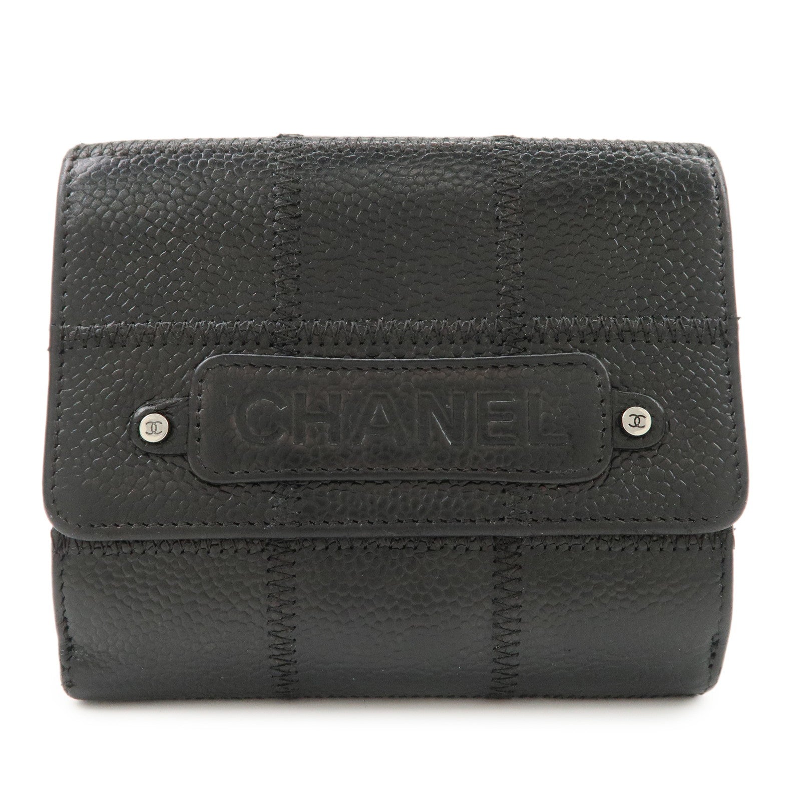 CHANEL Chocolate Bar Caviarskin W Hook Small Wallet Black Used