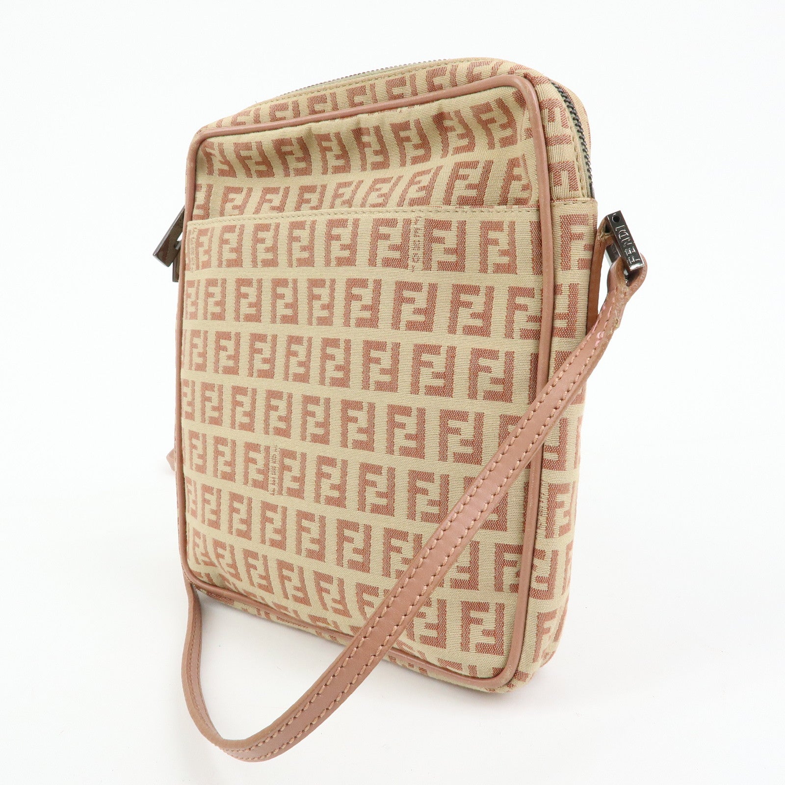 FENDI Zucchino Canvas Leather Shoulder Crossbody Bag Beige Pink 8BT053