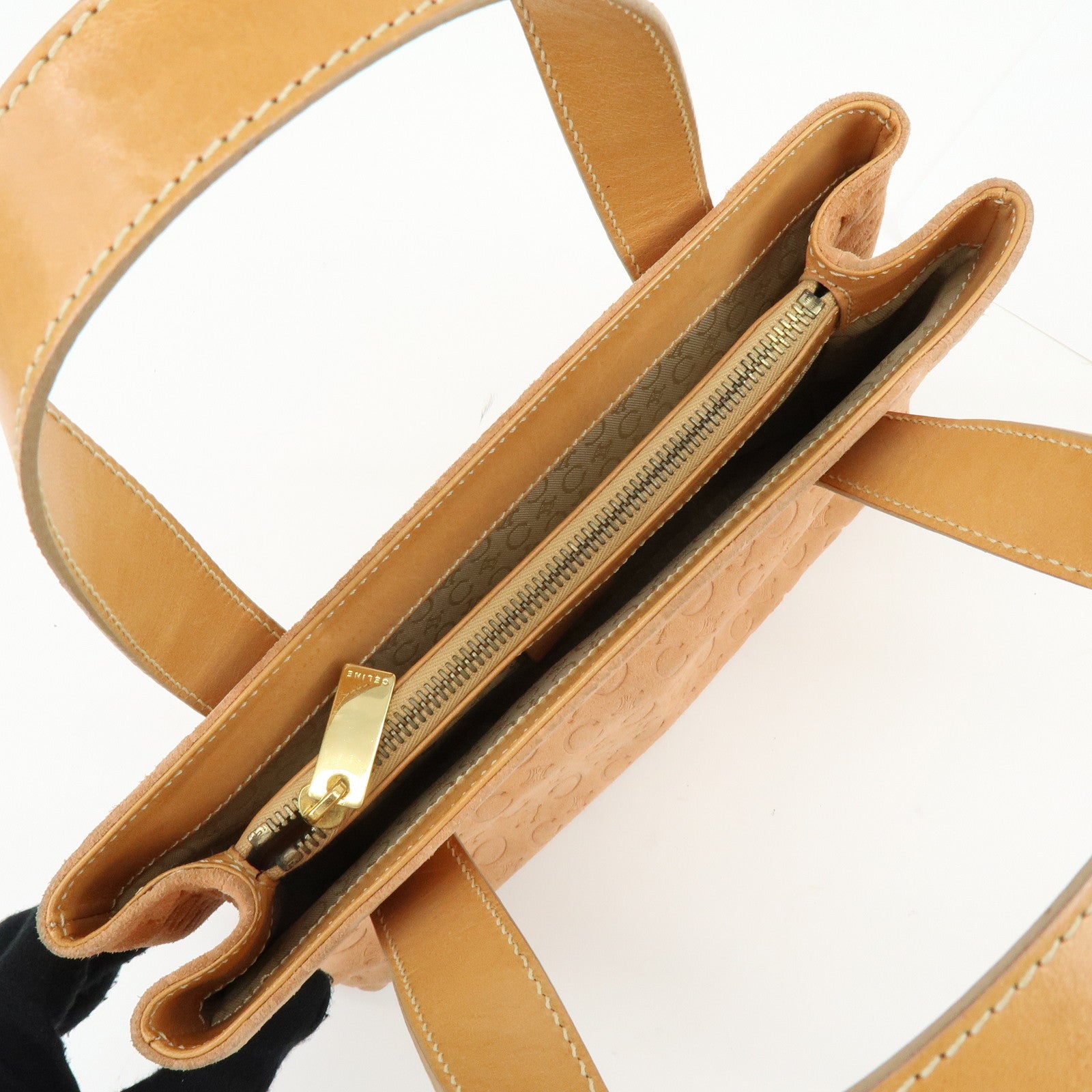 CELINE C Macadam Suede Leather Hand Bag Tote Bag Orange Beige
