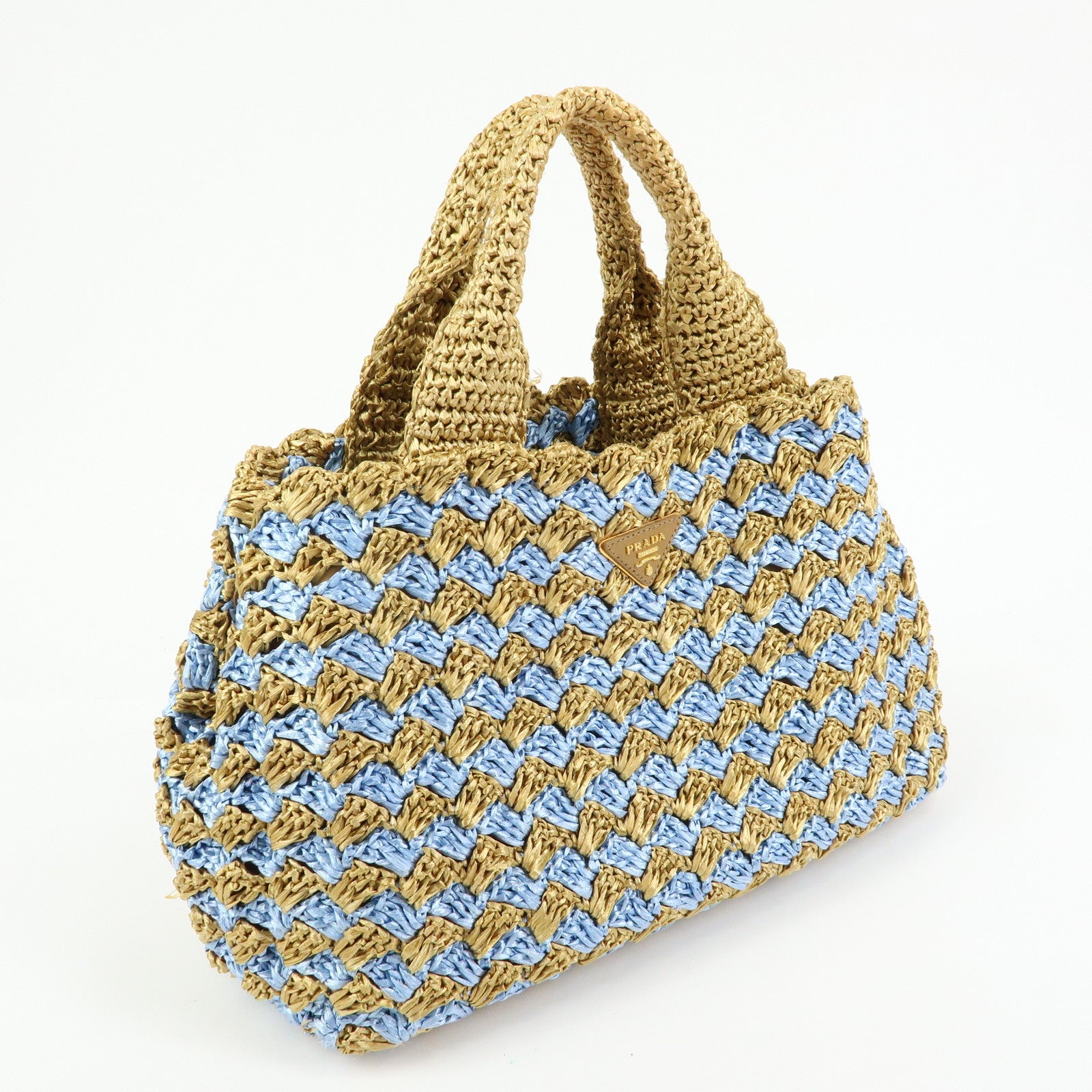 PRADA Triangle Logo Canapa Raffia Tote Bag Hand Bag Beige Blue