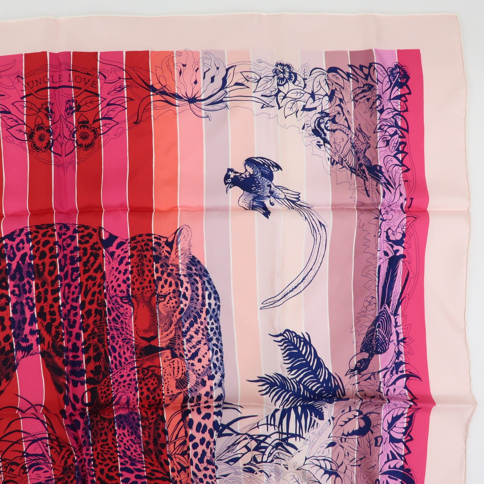 HERMES Carre 90 Silk 100% Scarf JUNGLE LOVE Stripe Pink Red Purple